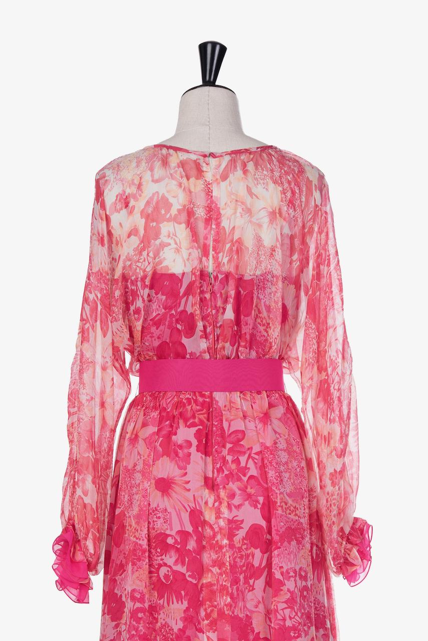 E. Braun & Co. Pink & Coral Floral Print Silk Chiffon Maxi Dress & Belt, 1970s For Sale 3
