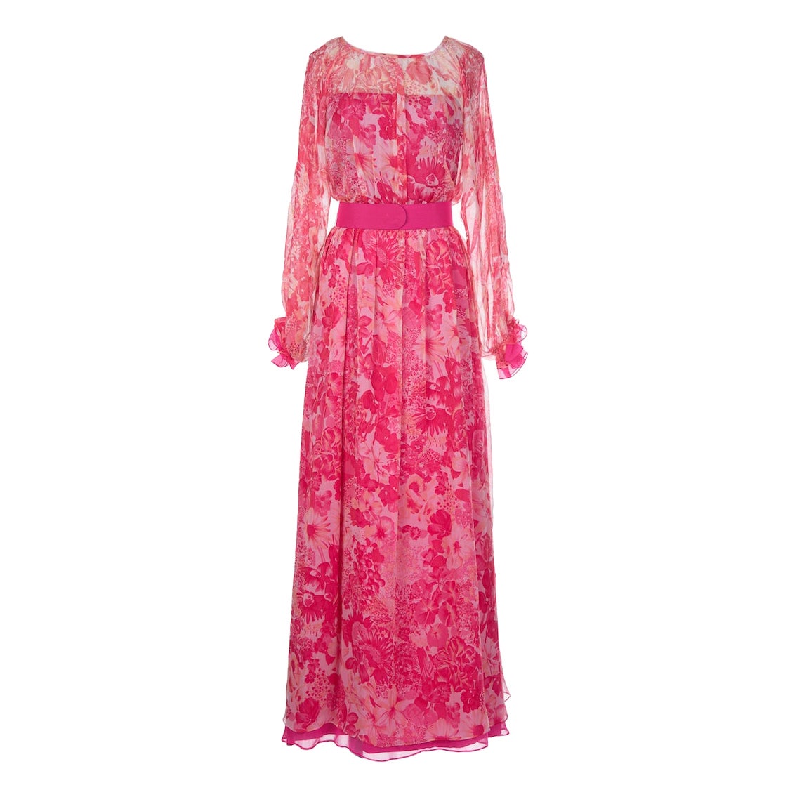 E. Braun & Co. Robe longue et ceinture en mousseline de soie à imprimé floral rose et corail, années 1970