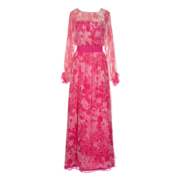 E. Braun and Co. Pink and Coral Floral Print Silk Chiffon Maxi Dress and  Belt, 1970s For Sale at 1stDibs