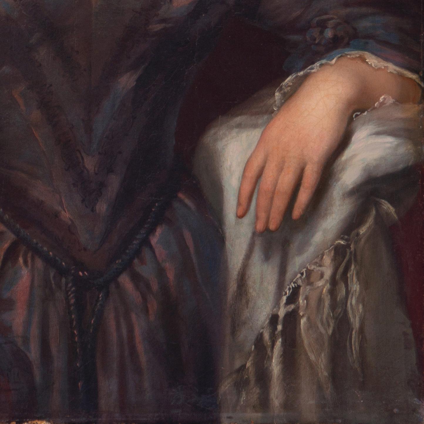 'Lady in a Satin Dress', Neo-Classical Female Portrait Oil, Victorian Hairstyle - Black Figurative Painting by E. Brown