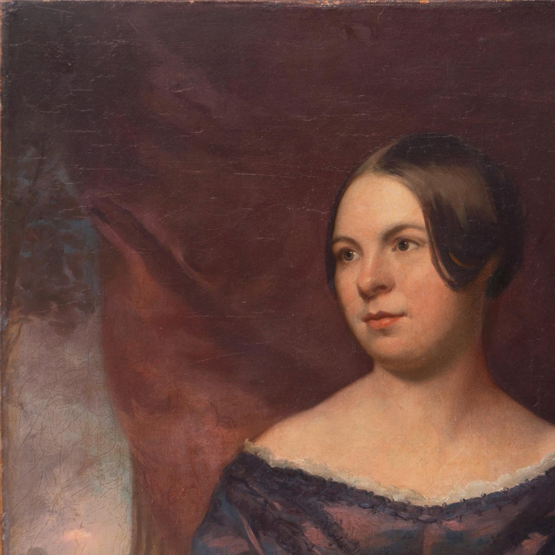 'Lady in a Satin Dress', Neo-Classical Female Portrait Oil, Victorian Hairstyle For Sale 2