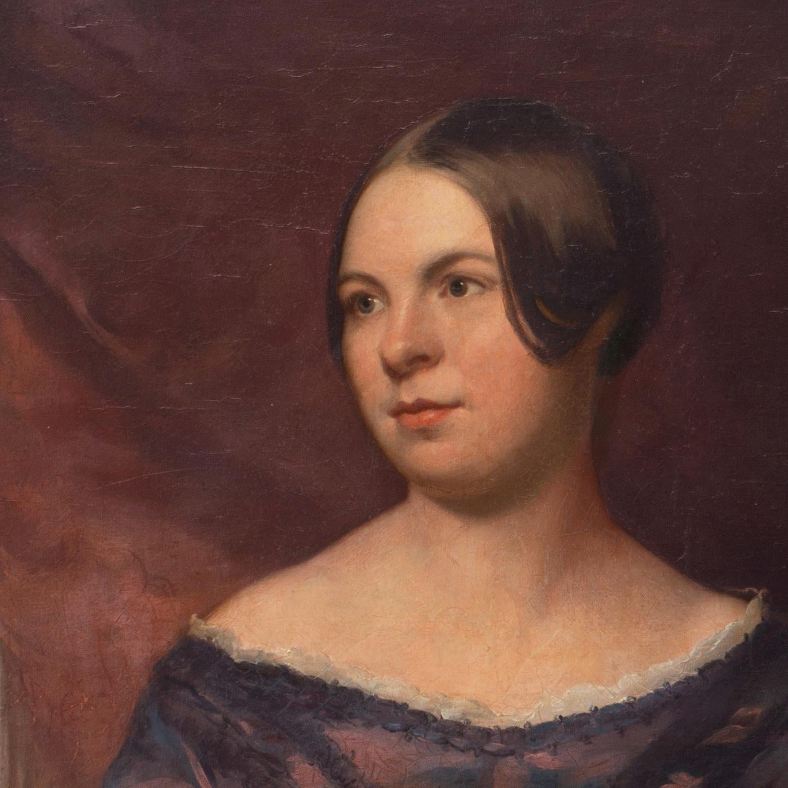 'Lady in a Satin Dress', Neo-Classical Female Portrait Oil, Victorian Hairstyle - Painting by E. Brown