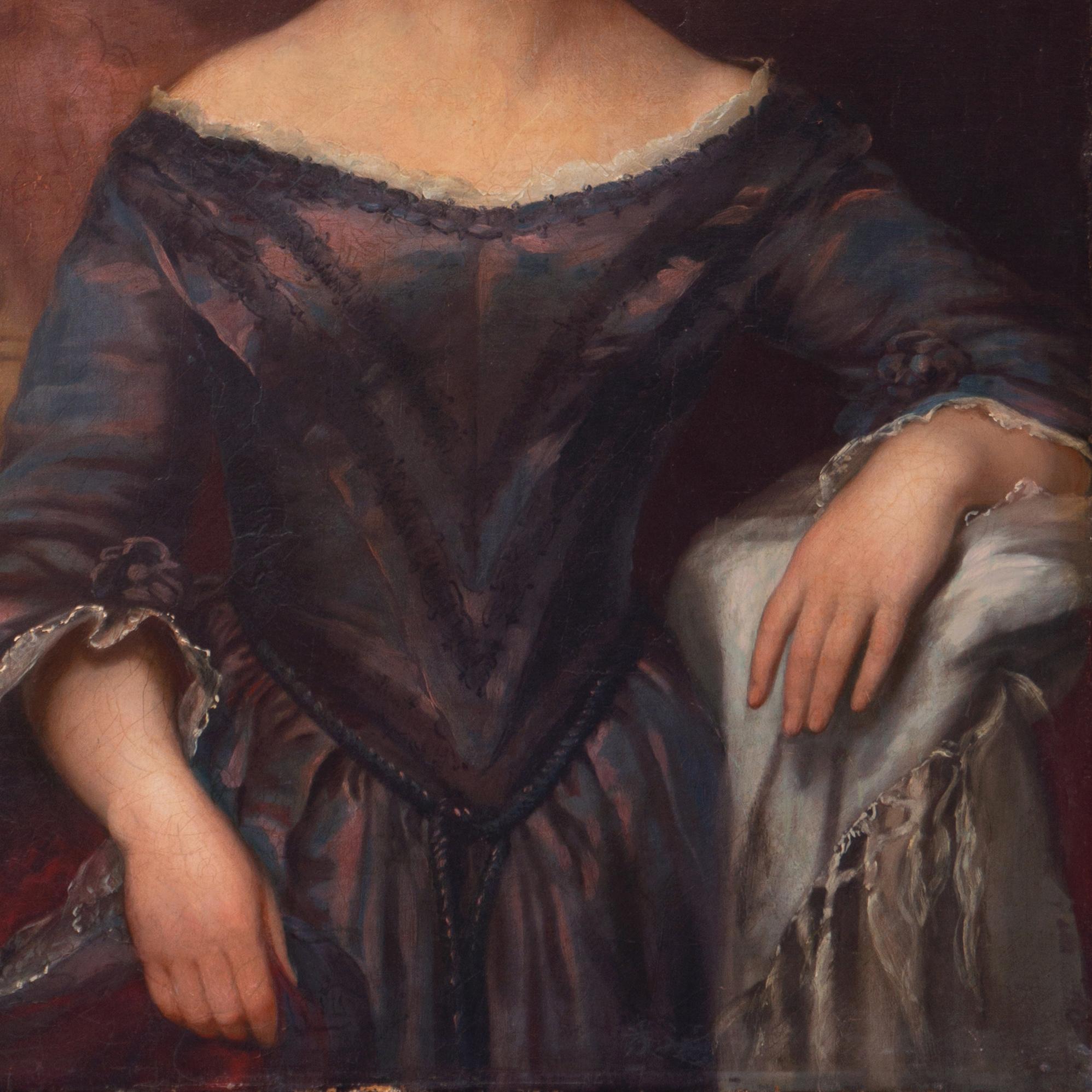 'Lady in a Satin Dress', Neo-Classical Female Portrait Oil, Victorian Hairstyle For Sale 2