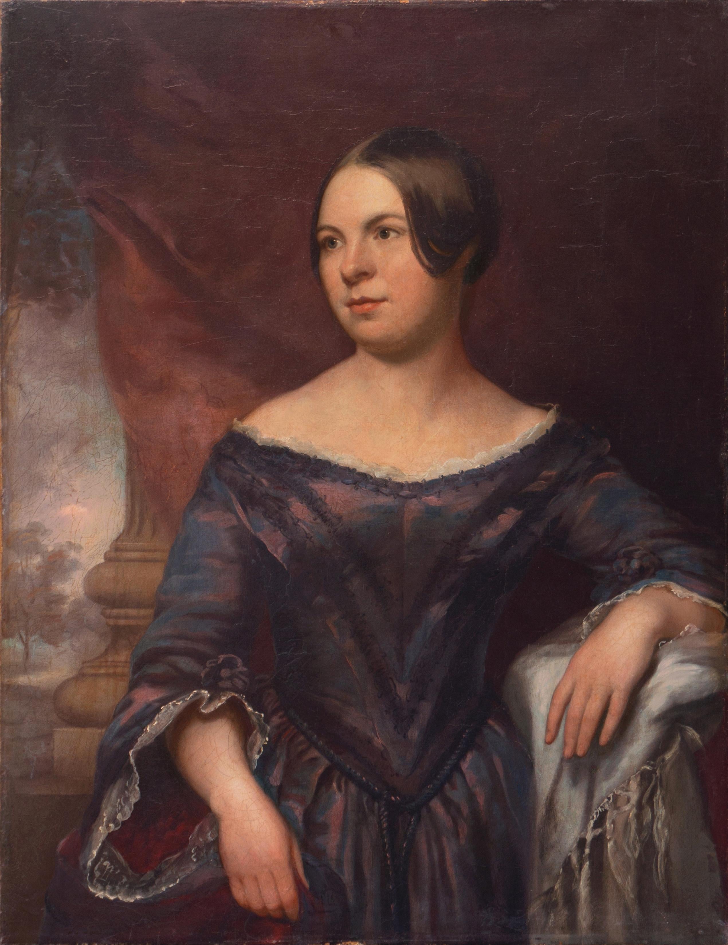 E. Brown Portrait Painting - 'Lady in a Satin Dress', Neo-Classical Female Portrait Oil, Victorian Hairstyle