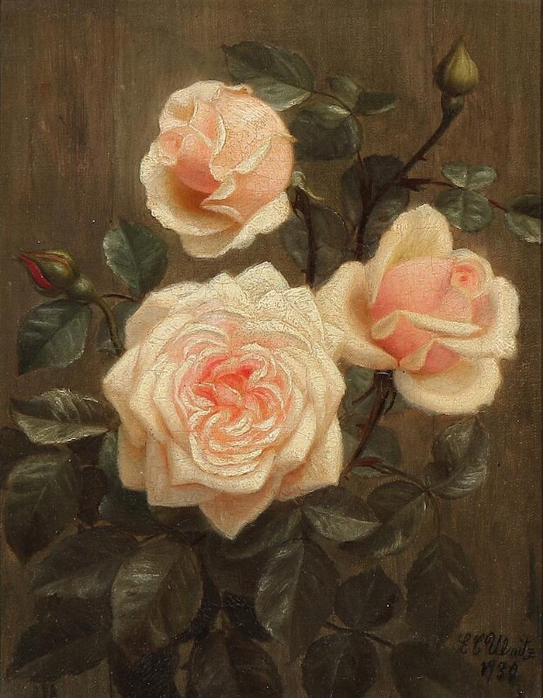 E. C. Ulnitz: pink roses. Signed and dated E. C. Ulnitz 1930. Oil on canvas. Measures: 27 × 21 cm. Europe, Denmark.