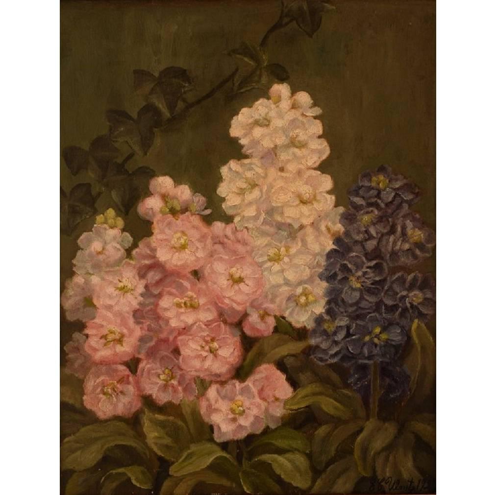 E. C. Ulnitz, artiste danois bien réputé. Peinture à l'huile sur toile - Fleur