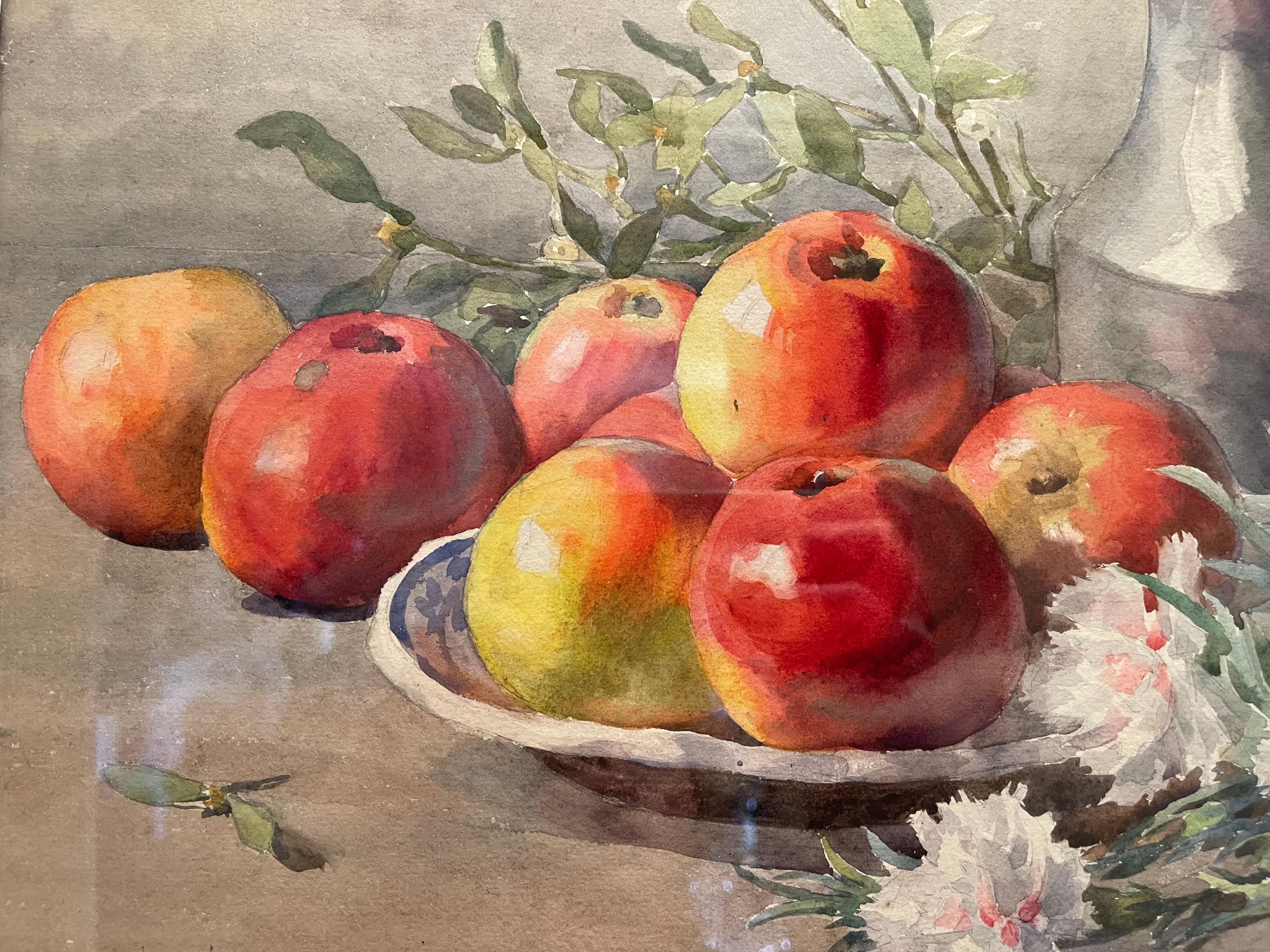Painting, oil on cardboard, representing a still life on the theme of apples and carnations with a pewter carafe. Painting presented under glass, in very good condition and signed lower right 