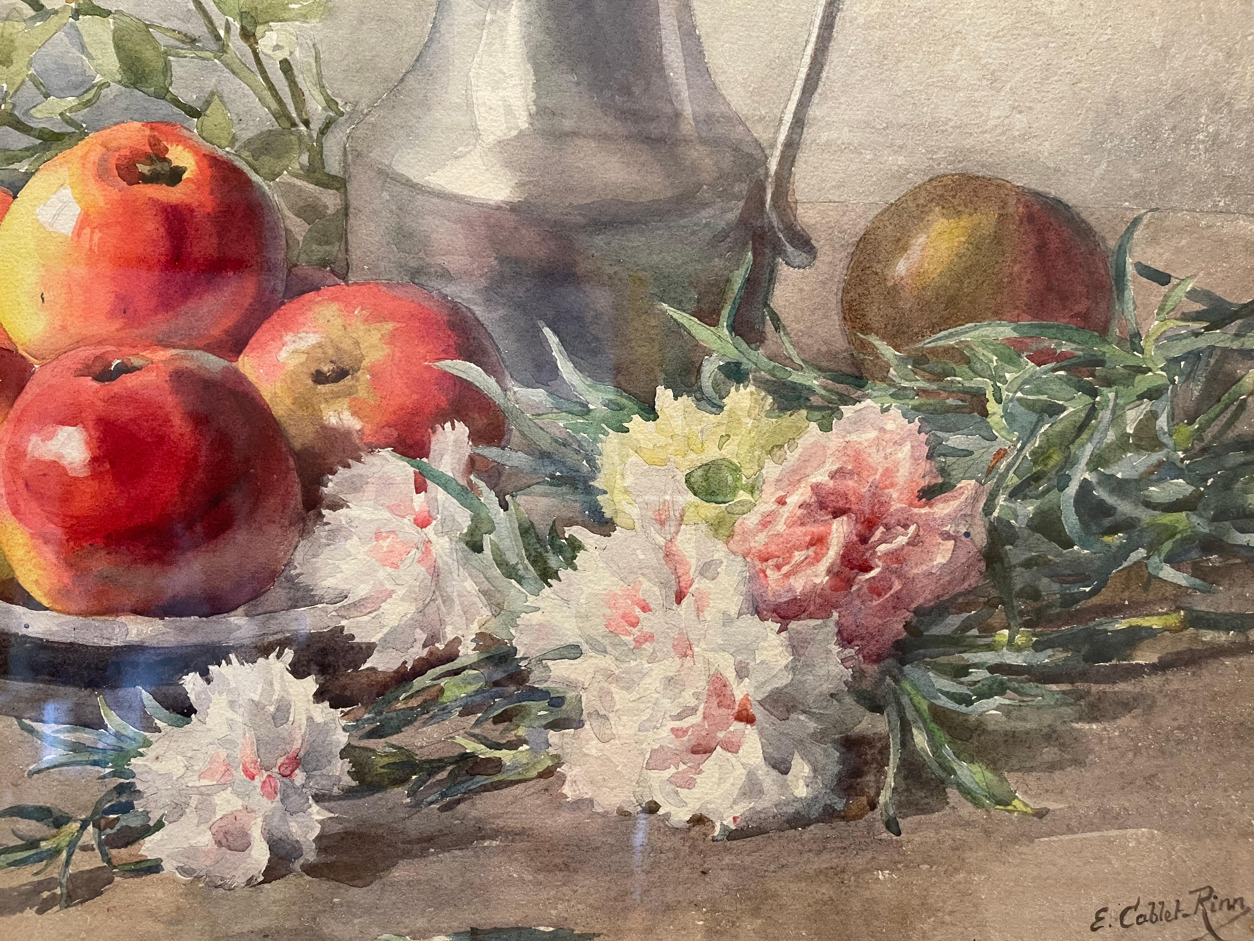 E. CABLET RINN - Still Life, Apples And Carnations  In Good Condition For Sale In Beaune, FR