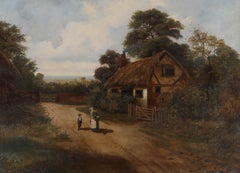 E. Charlton - Naïve 1890 Oil, Hoop and Stick by the Cottage