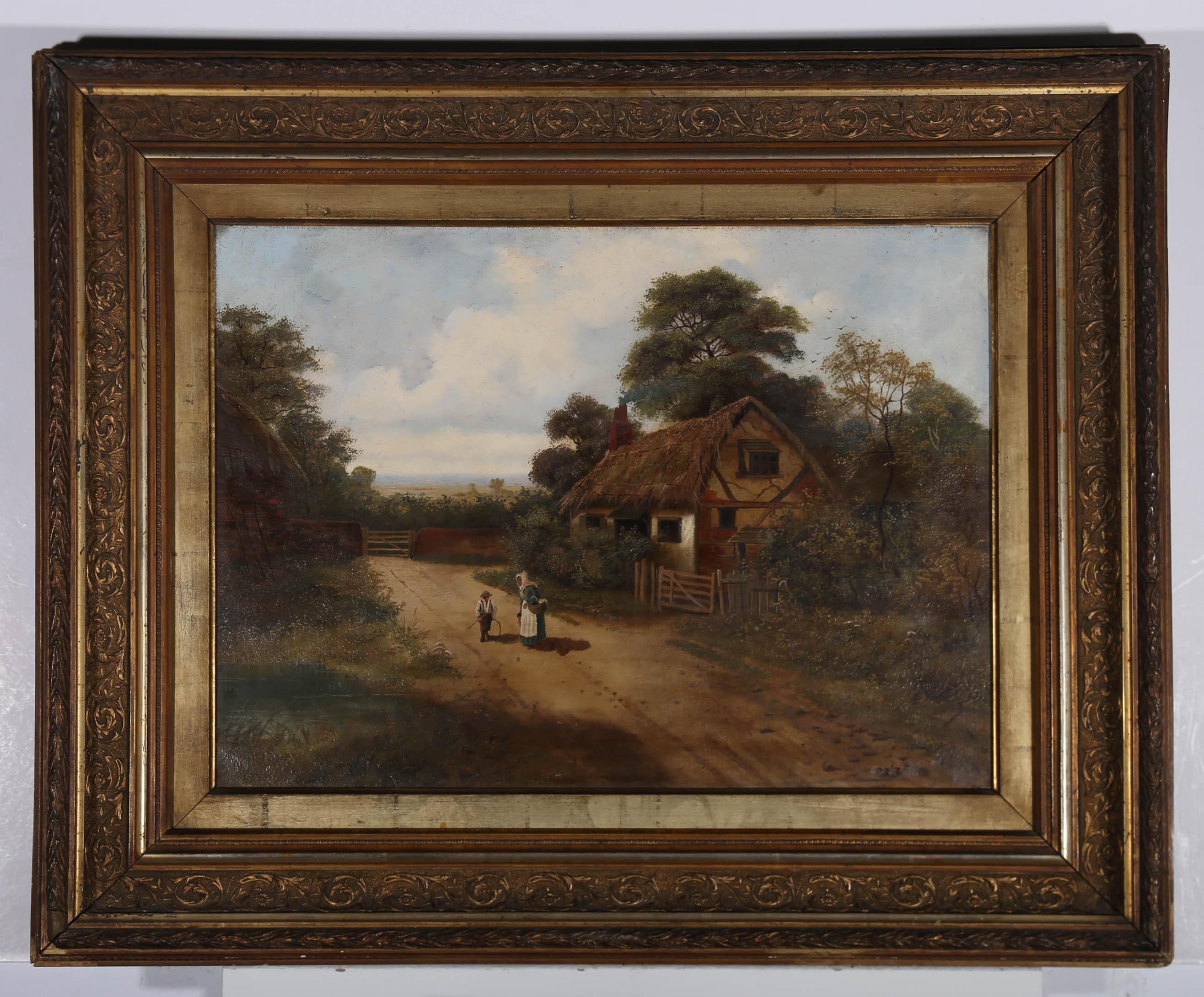 E. Charlton - Naïve 1890 Oil, Hoop and Stick by the Cottage For Sale 2