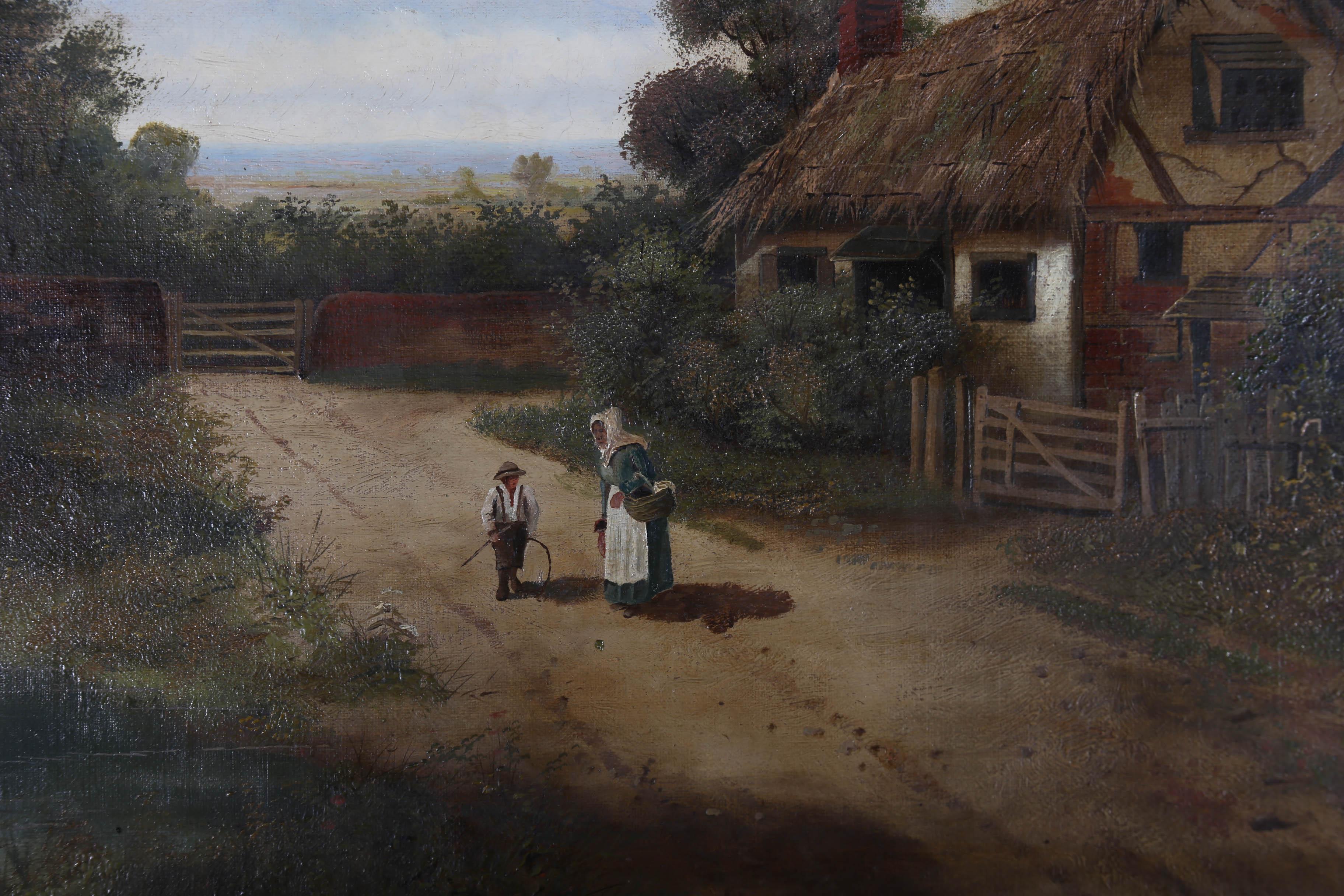 E. Charlton - Naïve 1890 Oil, Hoop and Stick by the Cottage For Sale 4