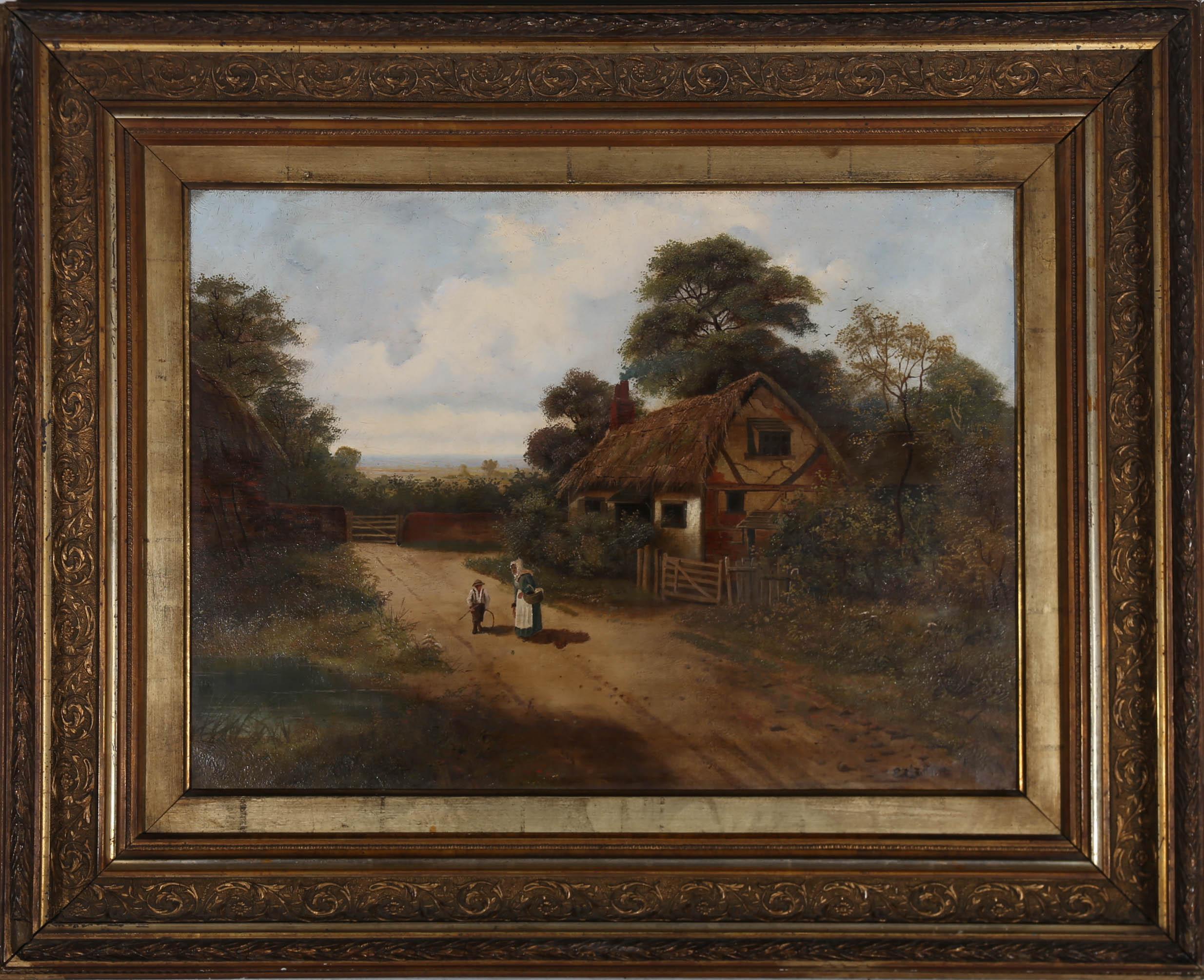 A delightful depiction of a mother and son on a dirt track before a thatched cottage. The child clutches a hoop and stick while his patient mother waits by his side. The scene is captured with a naïve charm which shines through in the small