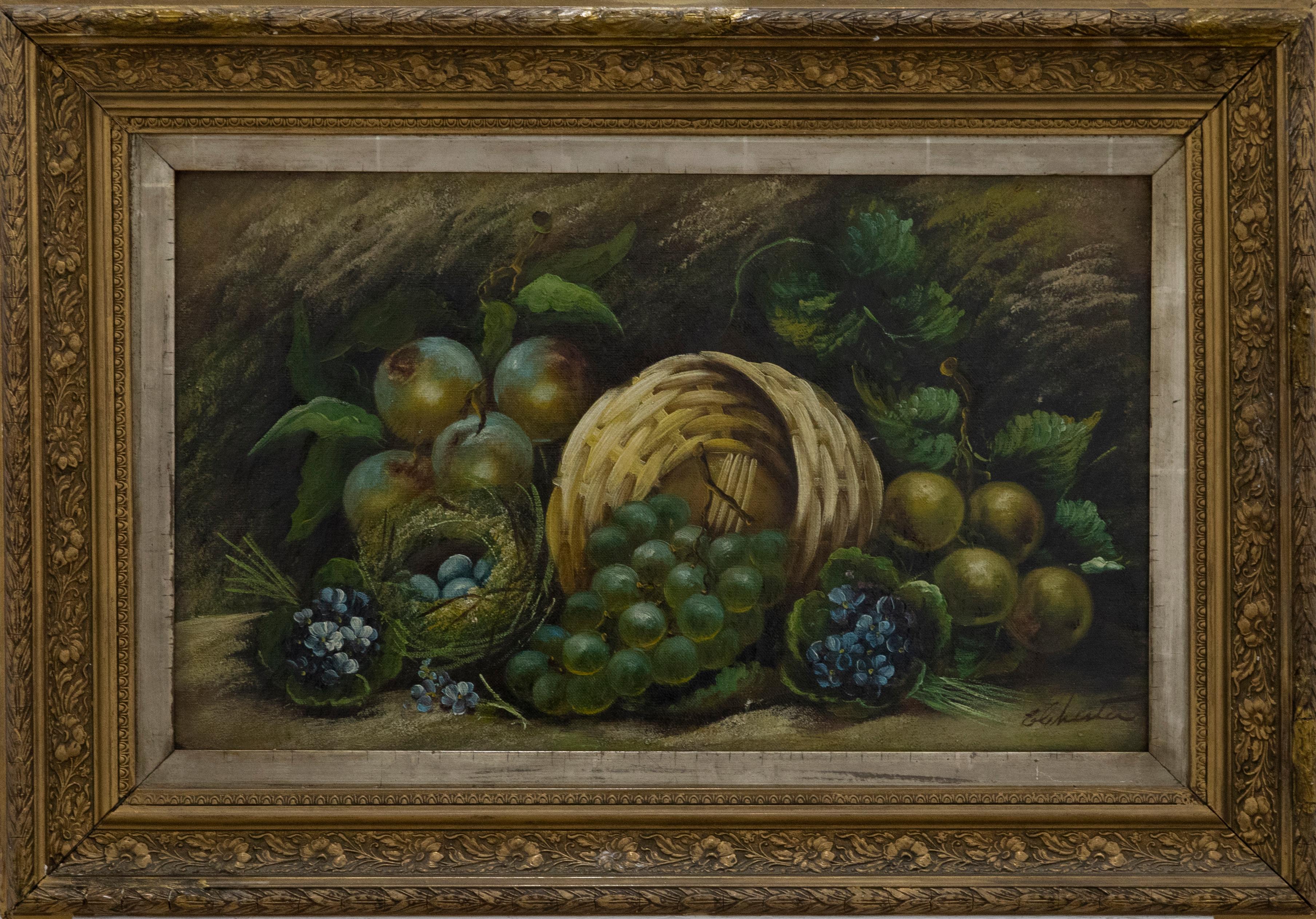 A charming still life study depicting a basket of grapes surrounded by cab apples and posies of forget-me-nots. Signed to the lower right. Presented in a decorative gilt frame with floral, laurel l and lambs tongue running patterns. On canvas. 
