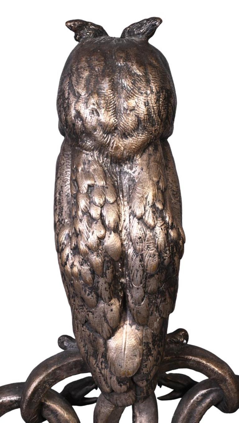 Patinated E. CLAVIER, Andirons with Owls, 1867 World's Fair For Sale