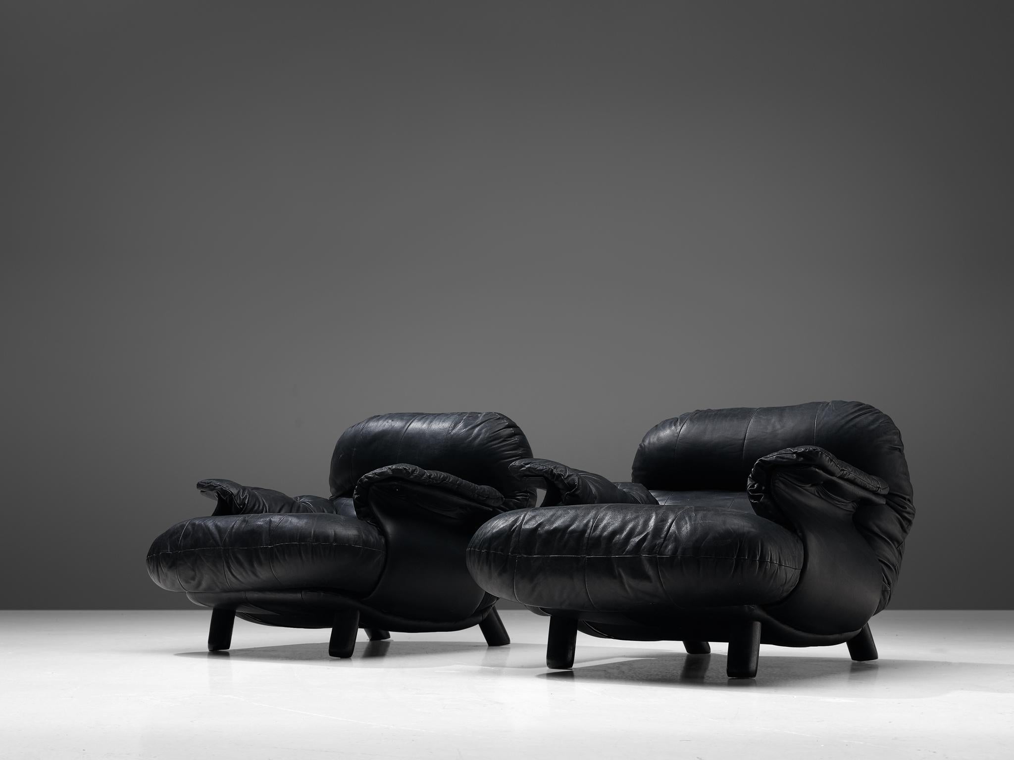 Mid-Century Modern E. Cobianchi Lounge Chairs in Black Leather