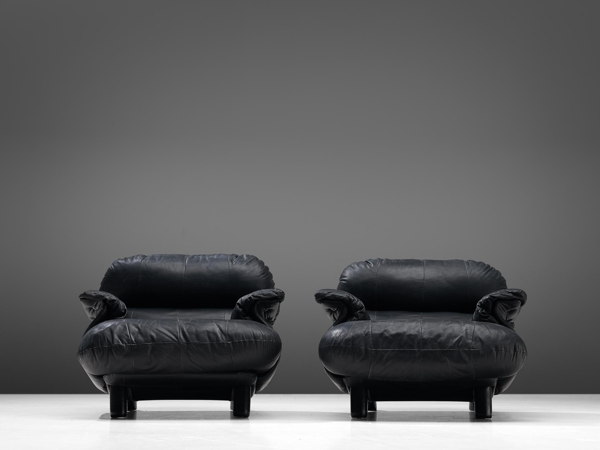 Italian E. Cobianchi Lounge Chairs in Black Leather