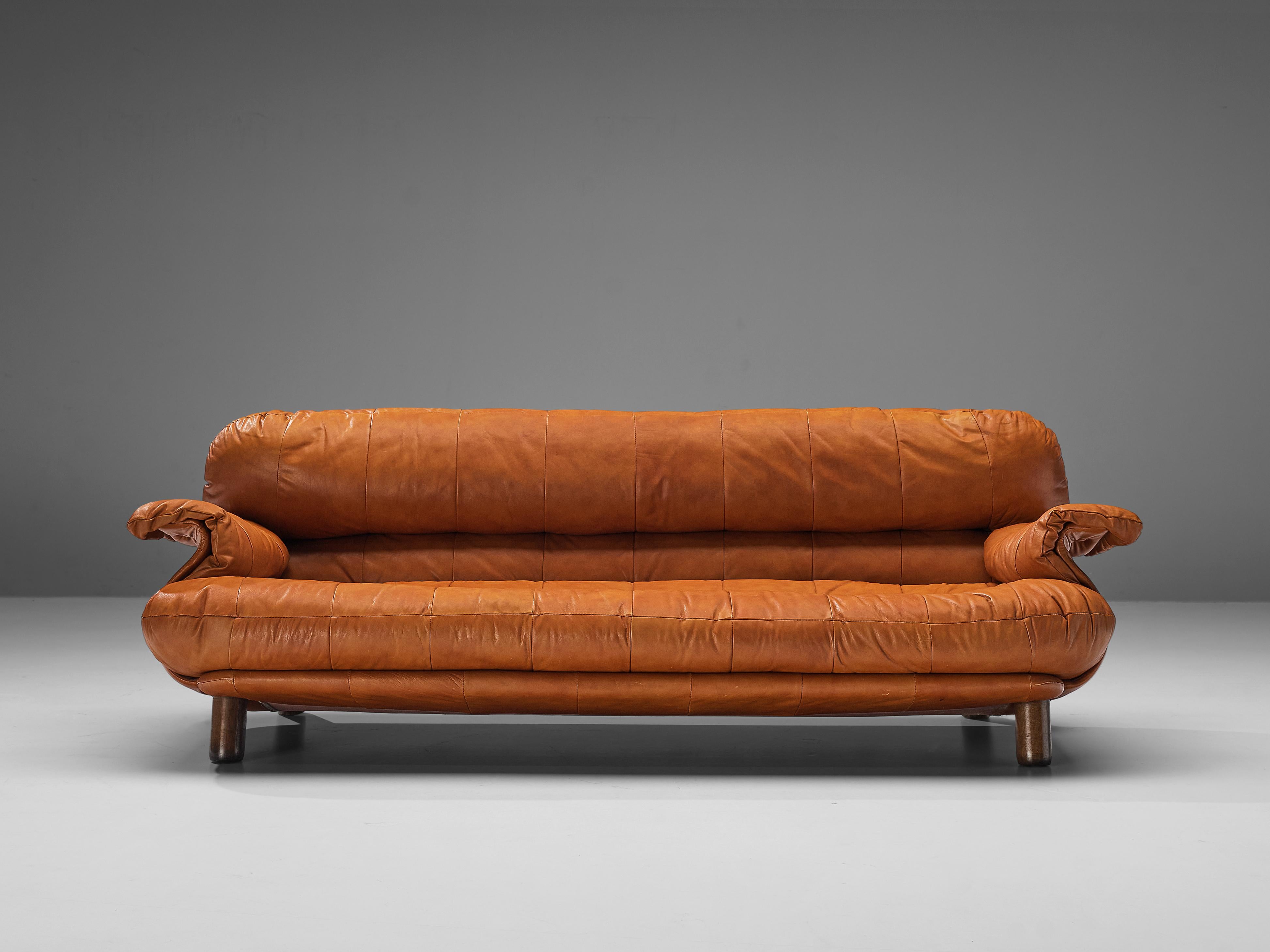 Mid-Century Modern E. Cobianchi Sofa in Tufted Cognac Leather