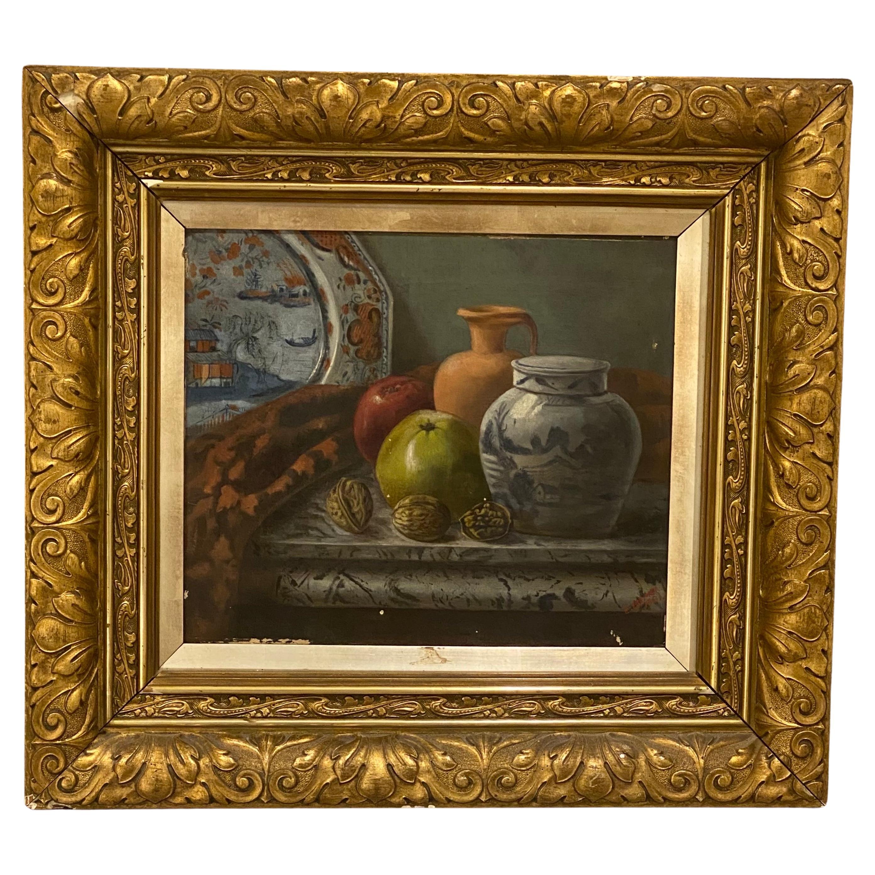 An original large late 19th century oil on canvas still life of Fruits Nuts and Early Objects by artist E. Cremer. signed and dated at the lower right. Housed in its superb quality original gilt frame from the same period. The sizes are Picture: 14