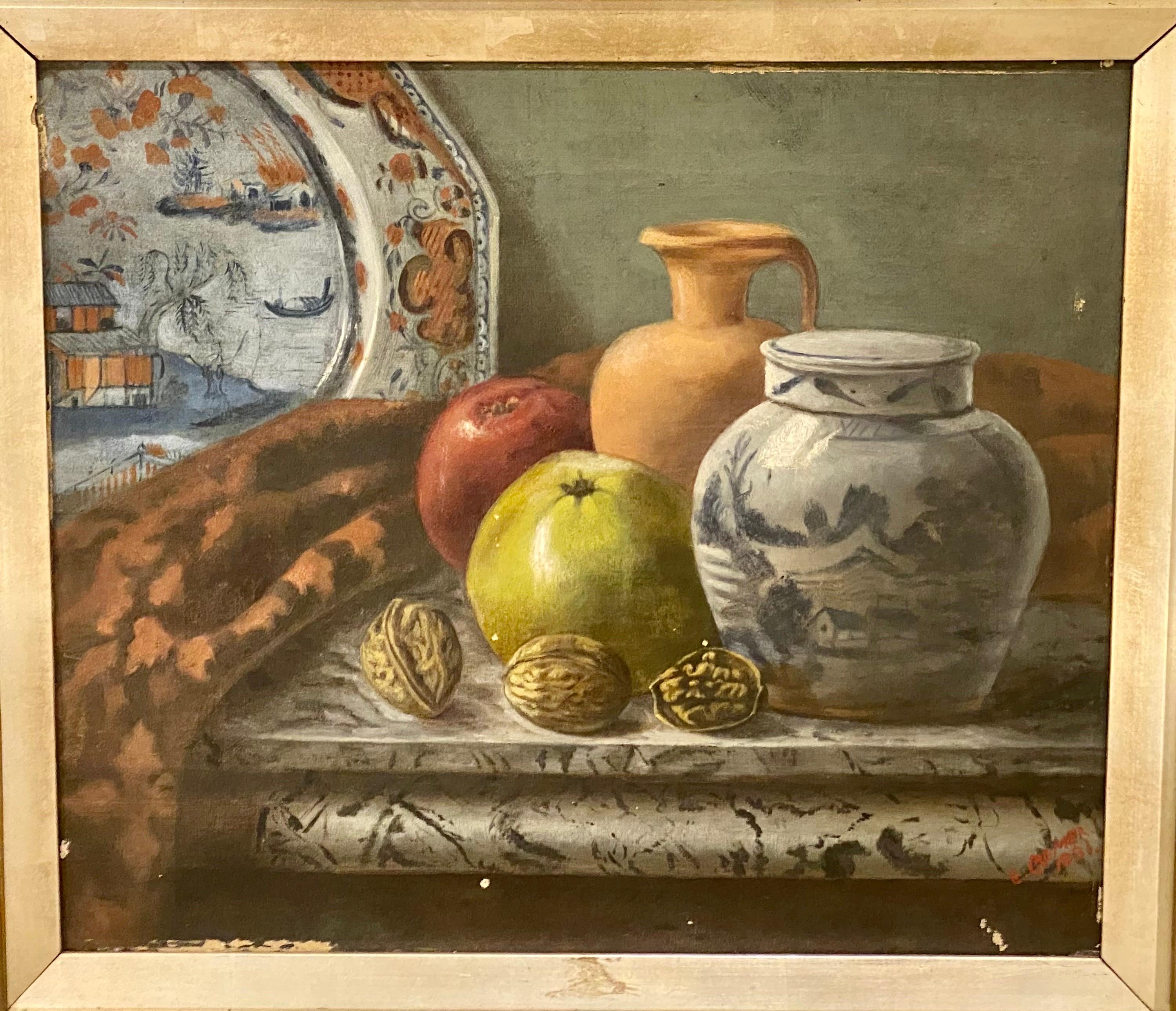 Dutch E. Cremer Still Life Painting of Fruit a Chinese Ginger Jar, Etc Antique C 1881 For Sale