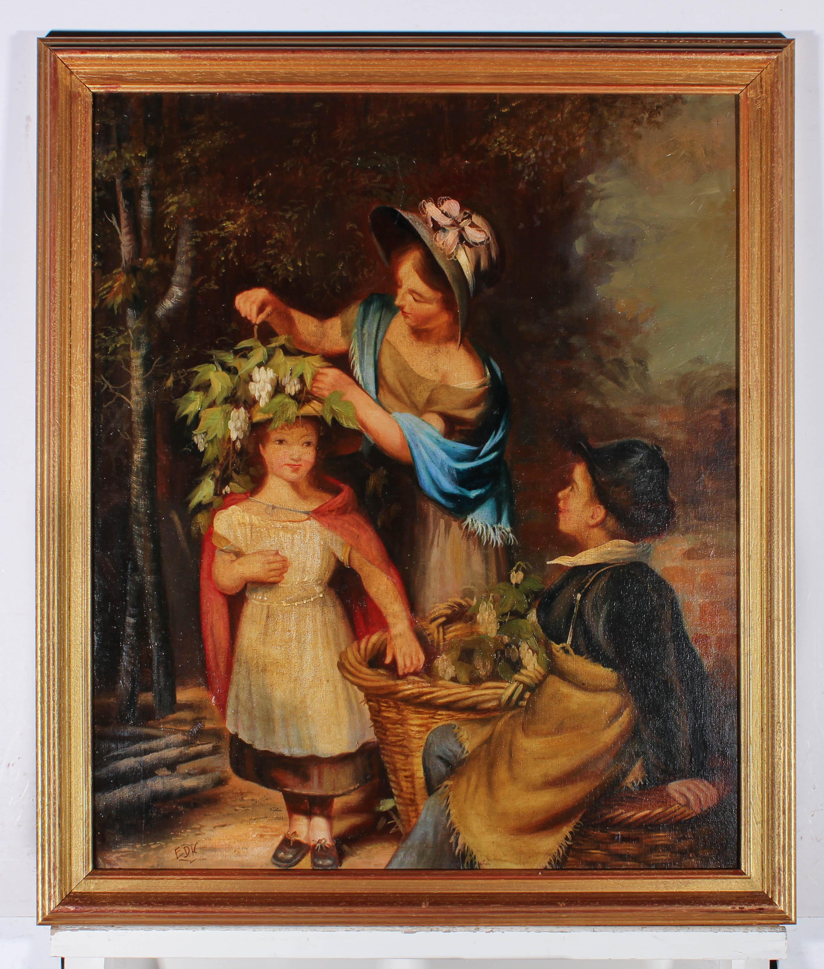 A heartwarming late 19th Century scene in oil, showing a mother decorating her daughter's bonnet with leaves and flowers as her son watches with a smile. The scene has s simple domestic happiness, focusing on the small moments between family. The
