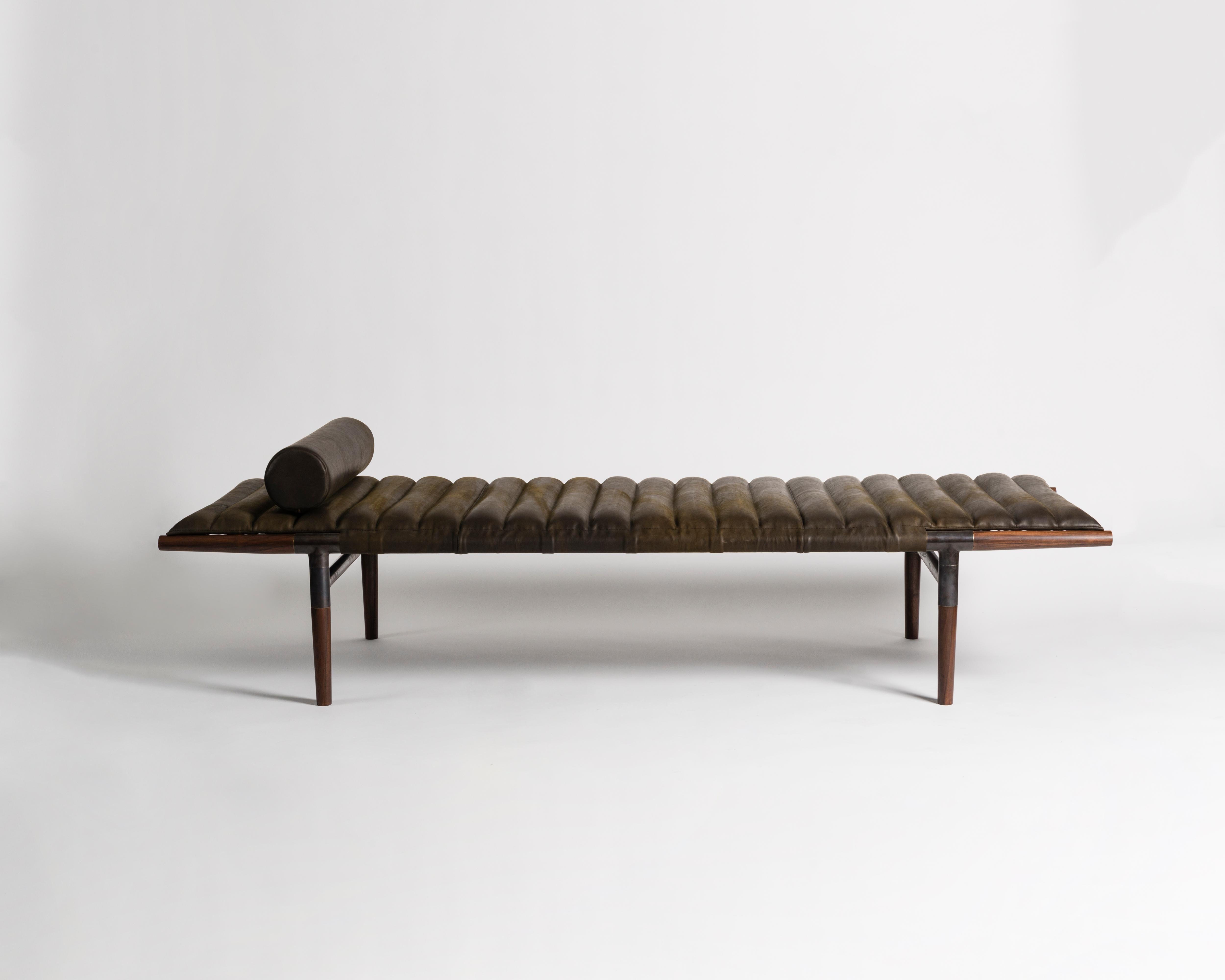 The EÆ daybed in Horween leather with ebonized rosewood legs and blackened brass frame.
“I wanted to create something better than Mies van der Rohe,” says designer Ben Erickson of Erickson Aesthetics about his EAE daybed, which bears a striking