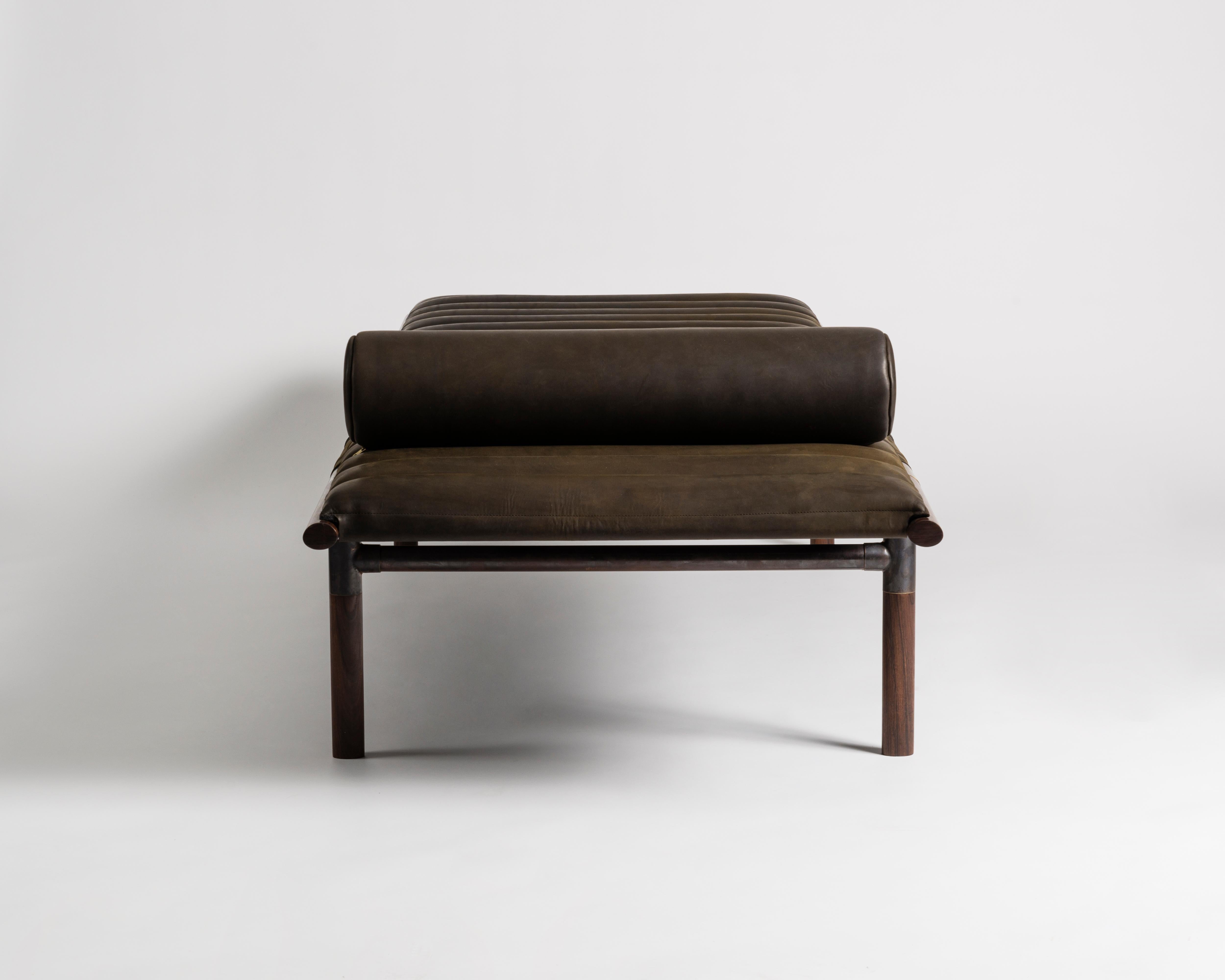 American The EÆ Daybed in Horween leather with Ebonized Rosewood Legs and Blackened Brass For Sale