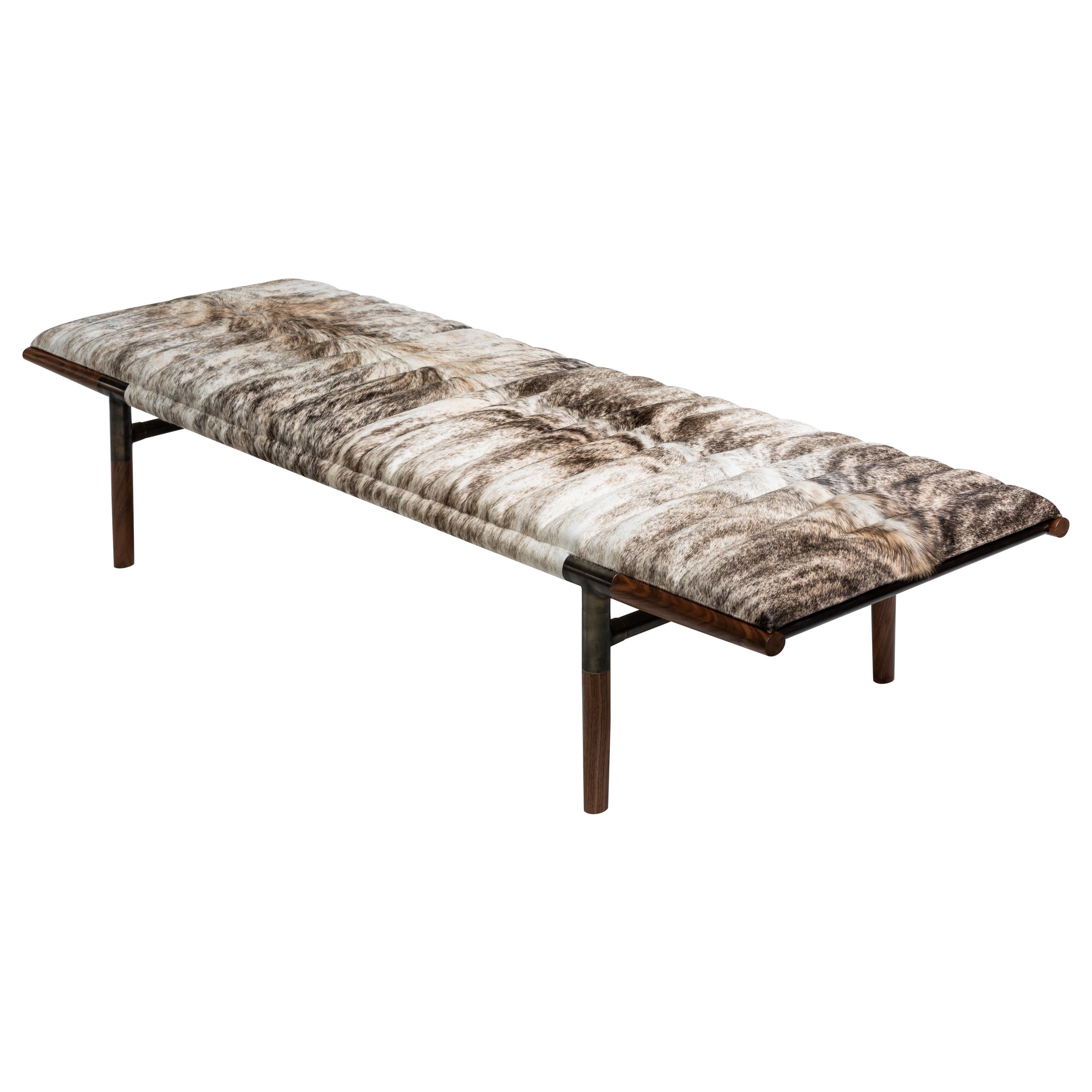 EÆ Daybed in Grey Brindle Hide, Walnut, Blackened Brass by Erickson Aesthetics For Sale