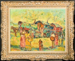 Superbe scène de caravane post-impressionniste française à l'huile signée avec des personnages de voyage