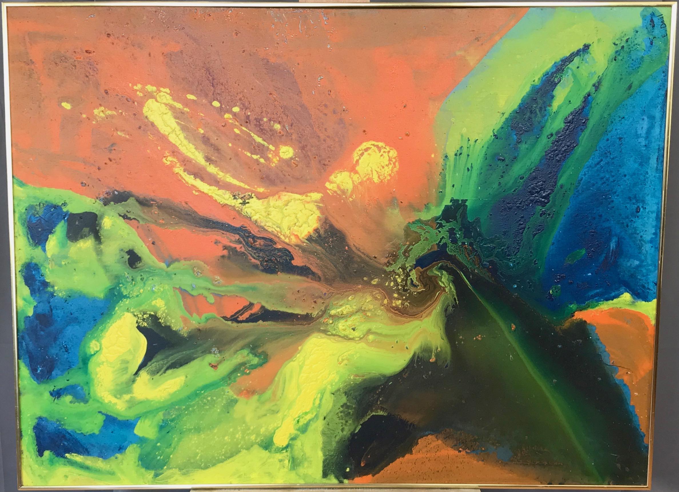 An incredibly colorful, impactful, and expansive 1973 framed abstract expressionist poured painting by E. Deal titled “Quasar”.

Vibrant, super-saturated colors that span the spectrum spread, intermingle, and blend across the canvas in a dynamic