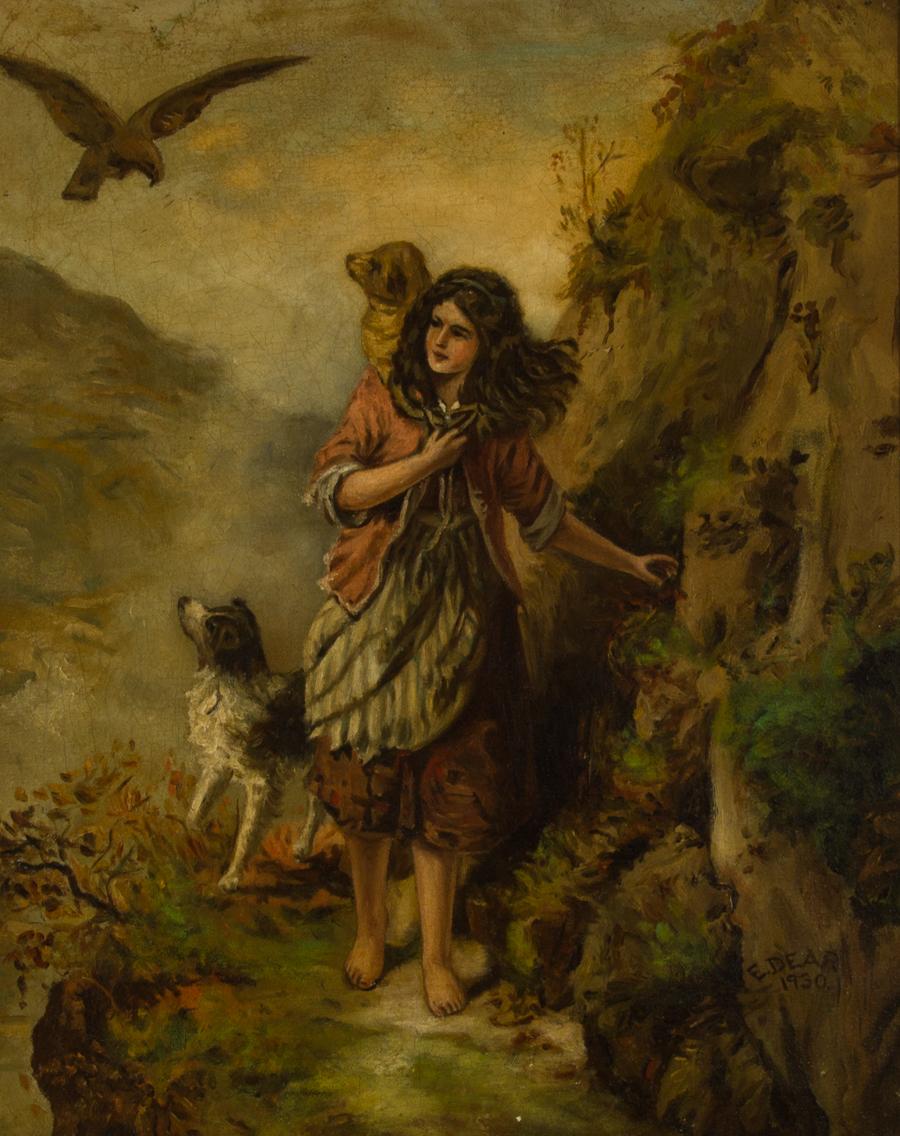 An interesting portrait of a young girl walking barefoot along a rocky cliff path, with a dog at her feet and a young lamb over her shoulders. A bird of prey hovers overhead. This atmospheric and symbolic composition instantly captures the attention