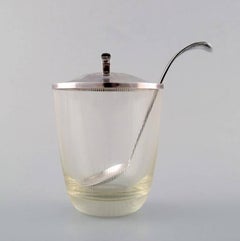 E. Dragsted, Danish Silversmith, Marmalade Jar of Art Glass with Lid and Spoon