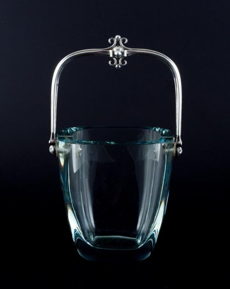 Danish E. Dragsted. Ice bucket in art glass with a sterling silver handle. For Sale