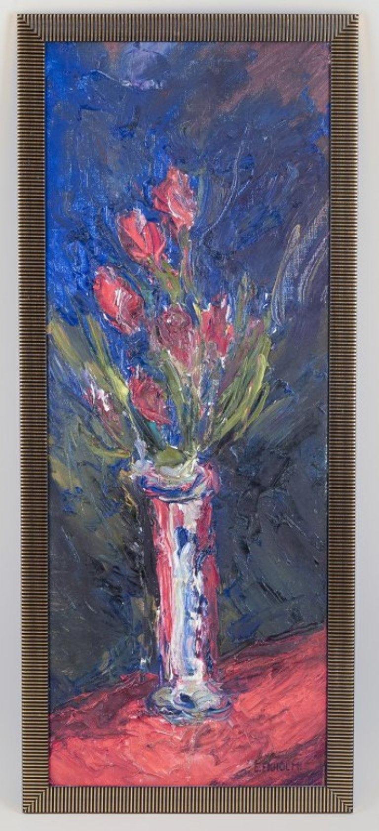 Gebrauchte Waren sind für US-Kunden von den Einfuhrzöllen befreit. 
Daher fallen für Ihren Kauf keine Einfuhrzölle an.

E. Ekholm, schwedischer Künstler.
Öl auf Leinwand.
Stilleben mit Blumen in einer