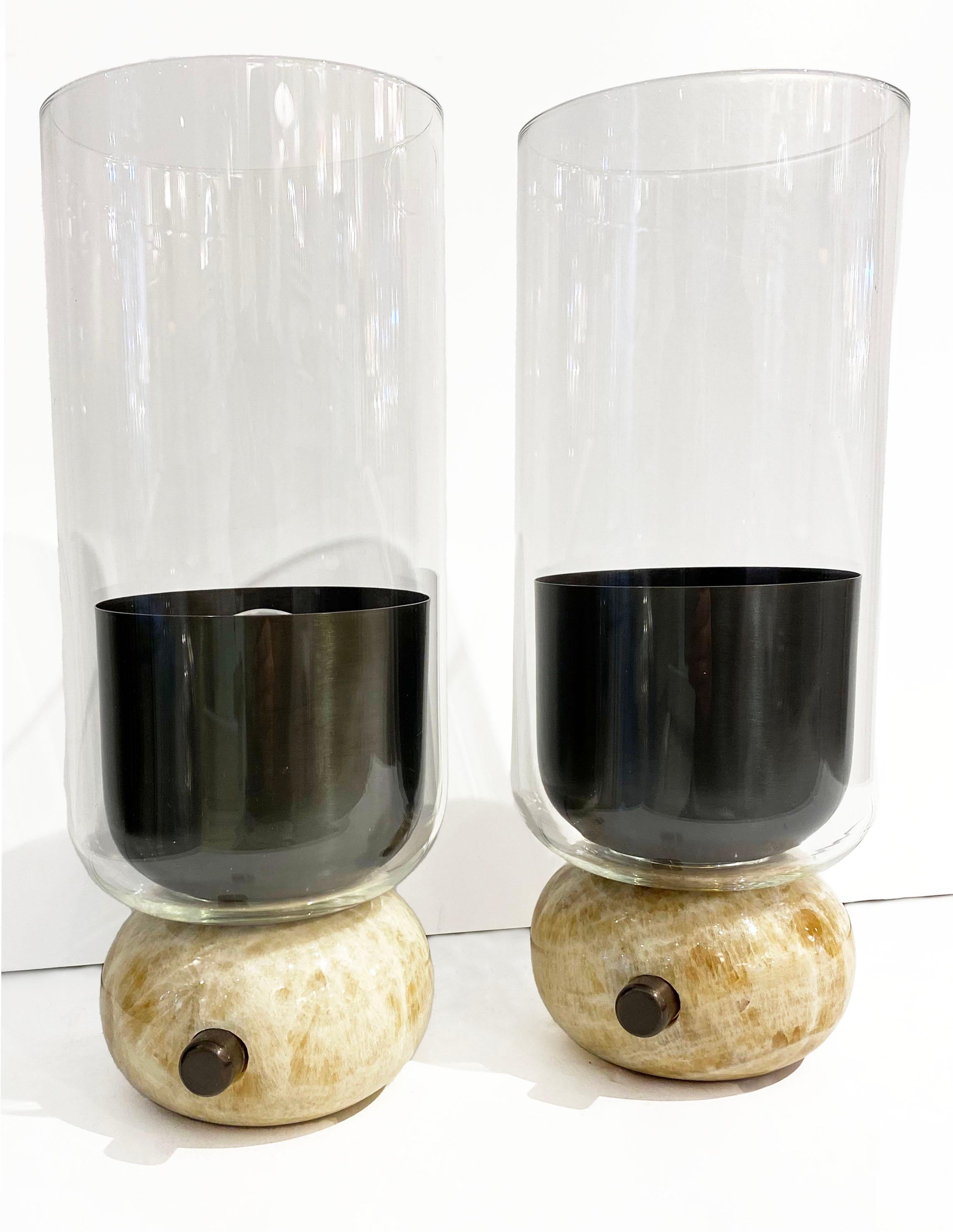 Contemporary E. Elizarova for Matlight Italian Pair of Onyx Glass Bronze Flute Table Lamps