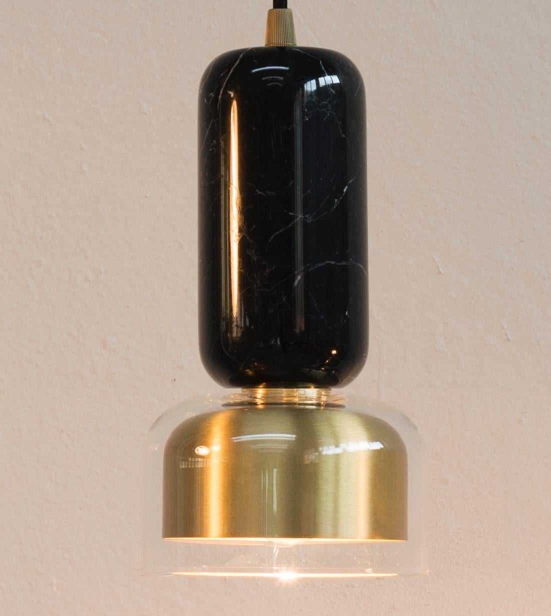 Minimaliste E. Elizarova Italian Minimalist Black Marble Glass Brass Pair of Modern Pendants