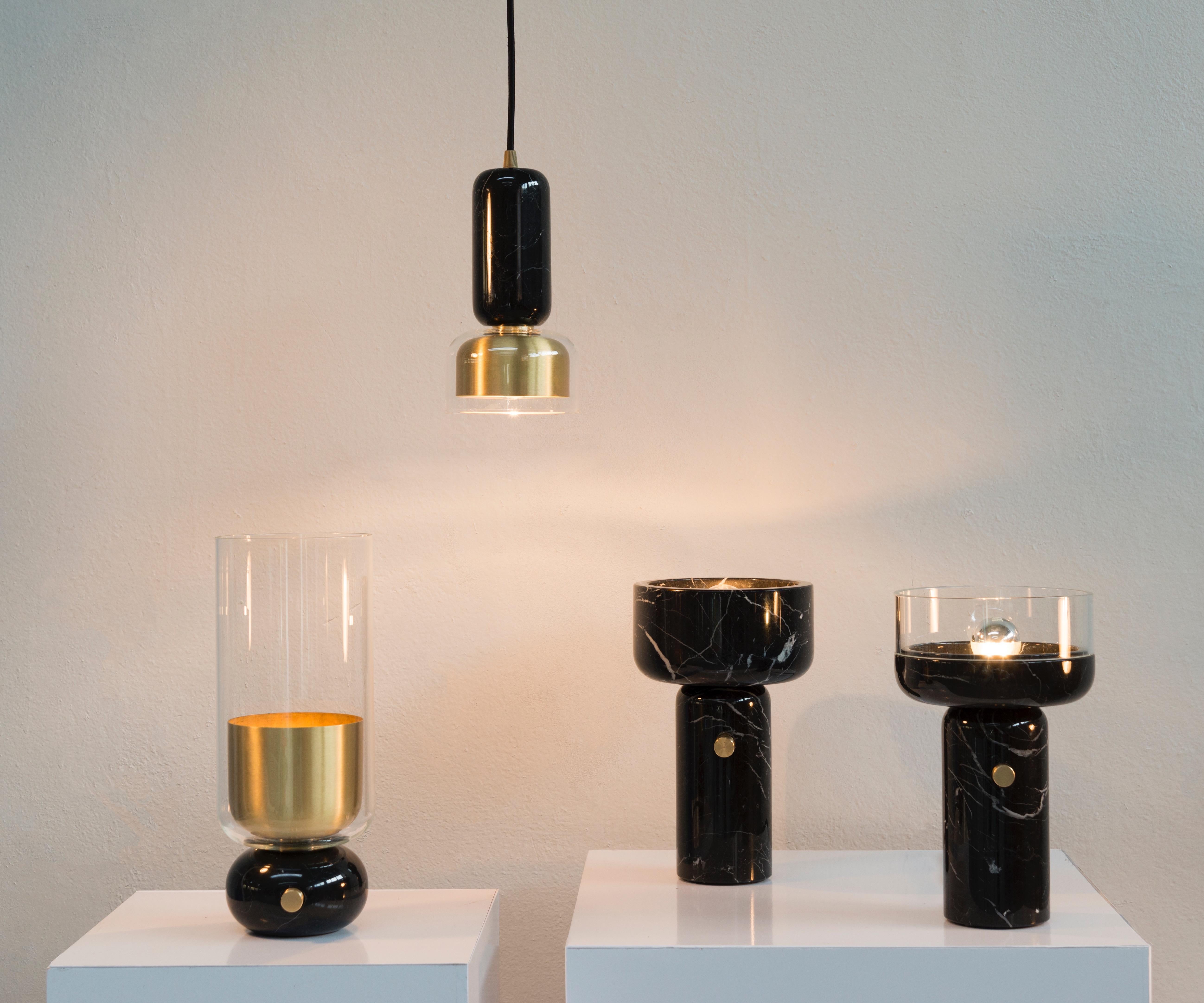 Contemporary E. Elizarova Italian Minimalist Black Marble Glass Brass Pair of Modern Pendants