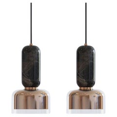 E. Elizarova Italian Minimalist Black Marble Glass Brass Pair of Modern Pendants