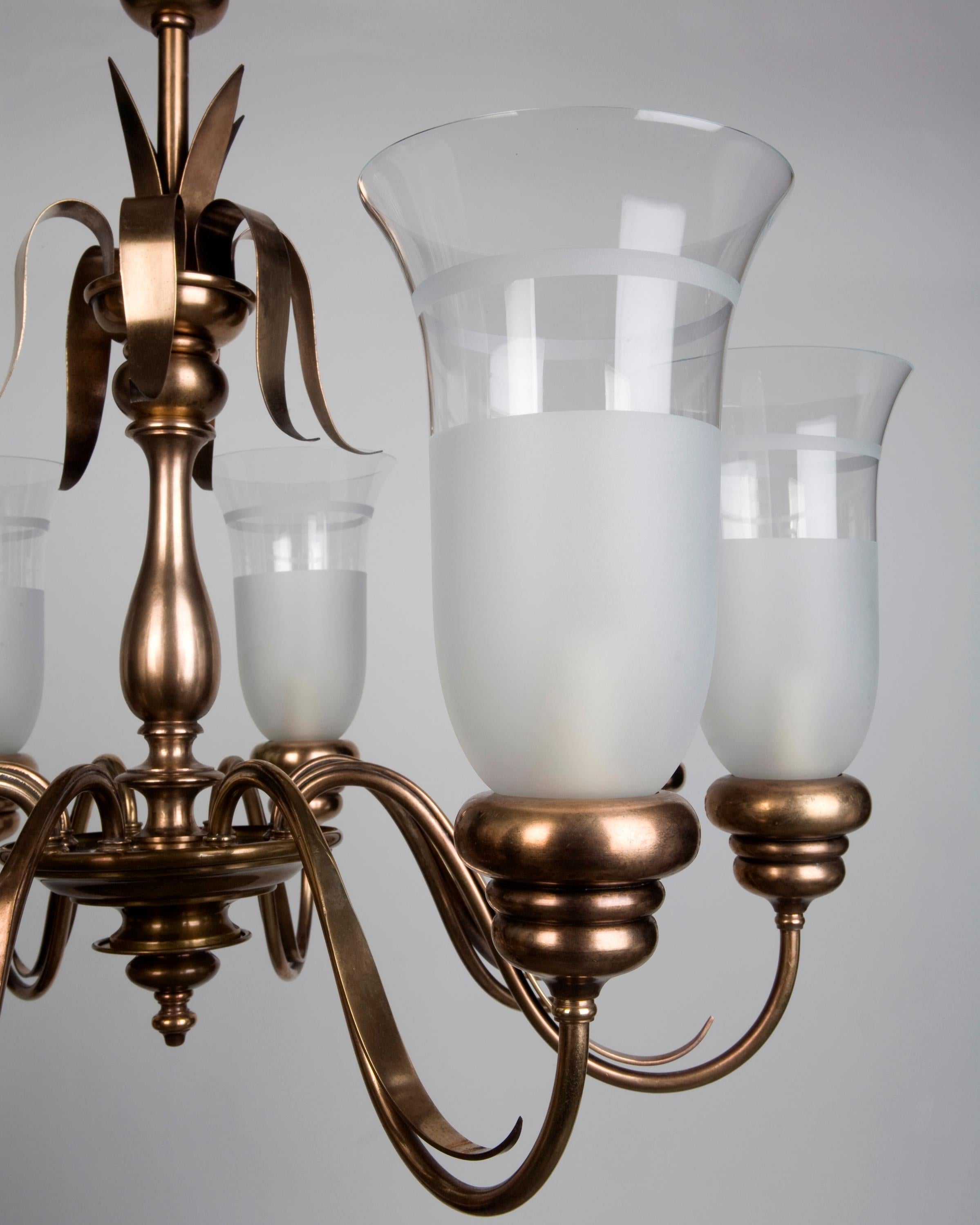 Baroque E. F. Caldwell Brass Chandelier with Frosted Hurricane Glass Shades, Circa 1940s For Sale