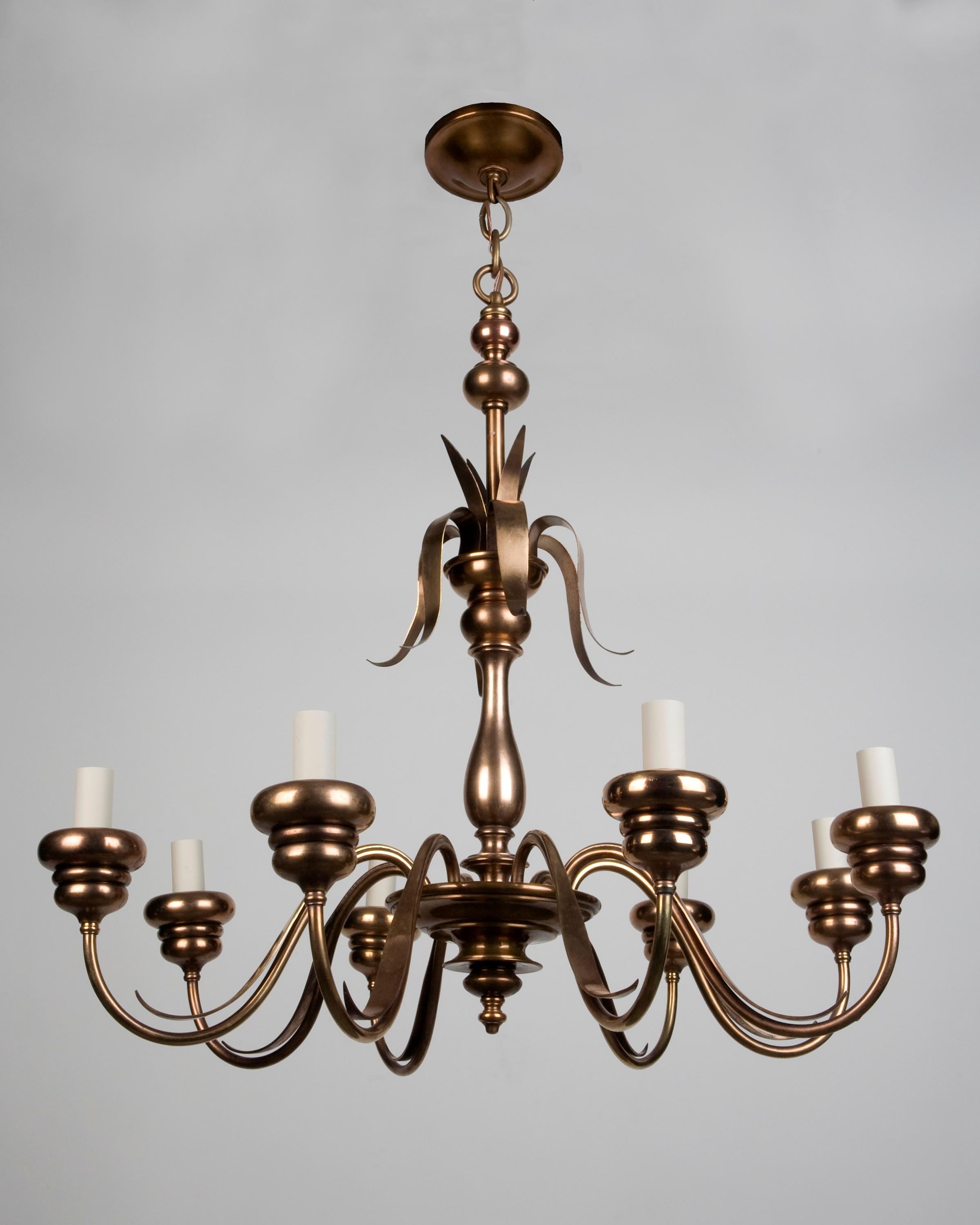 E. F. Caldwell Brass Chandelier with Frosted Hurricane Glass Shades, Circa 1940s In Good Condition For Sale In New York, NY