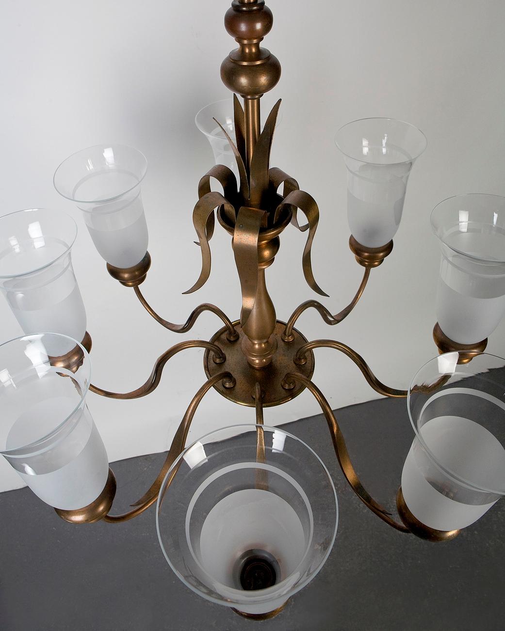 Mid-20th Century E. F. Caldwell Brass Chandelier with Frosted Hurricane Glass Shades, Circa 1940s For Sale