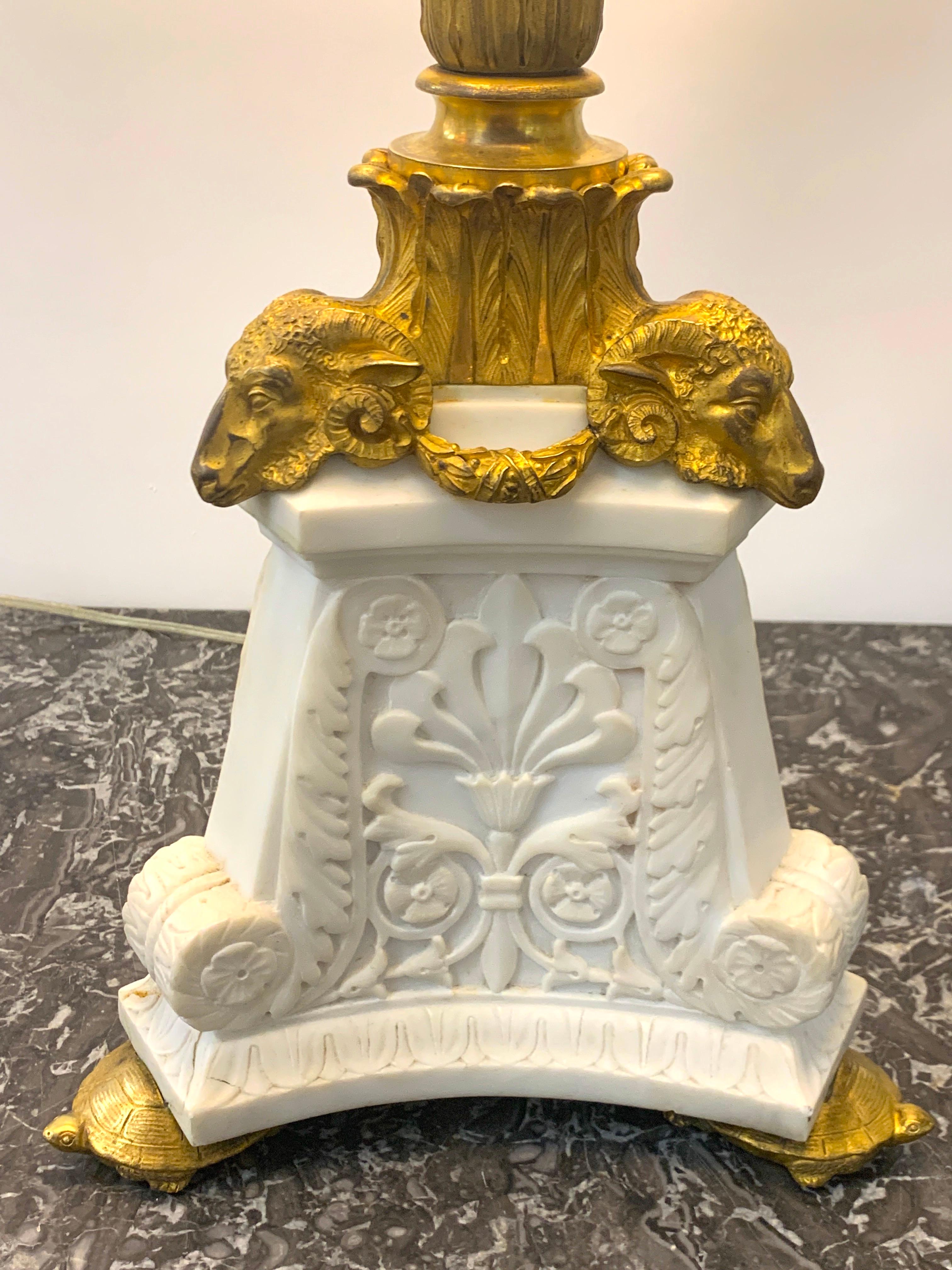 E. F. Caldwell Ormolu & Carved Marble Neoclassical Lamp, with Turtle Feet In Good Condition For Sale In Atlanta, GA