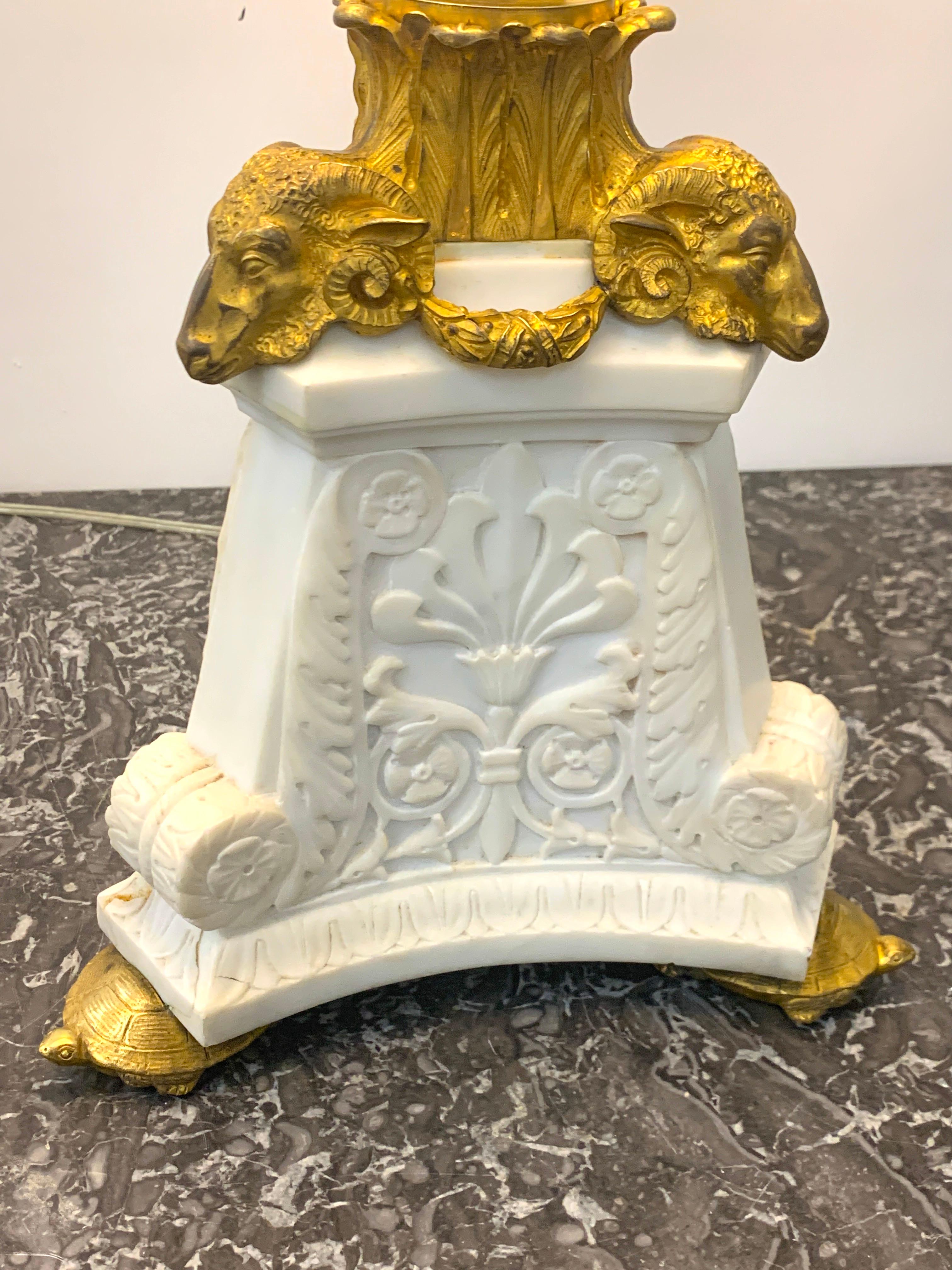 E. F. Caldwell Ormolu & Carved Marble Neoclassical Lamp, with Turtle Feet For Sale 1