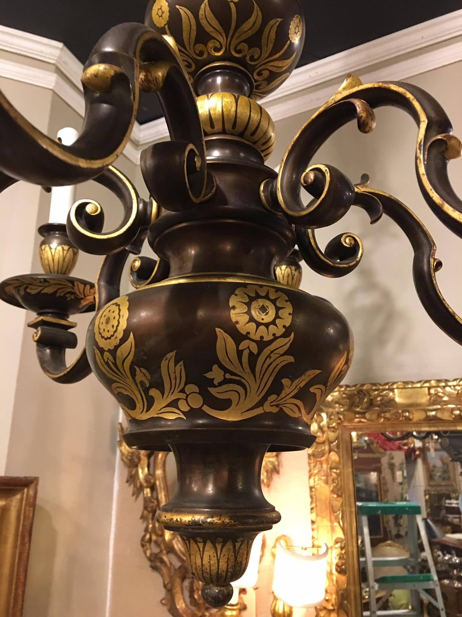 E F Caldwell Six-Light Flemish Style Bronze Gilded Chandelier, circa 1920s 4