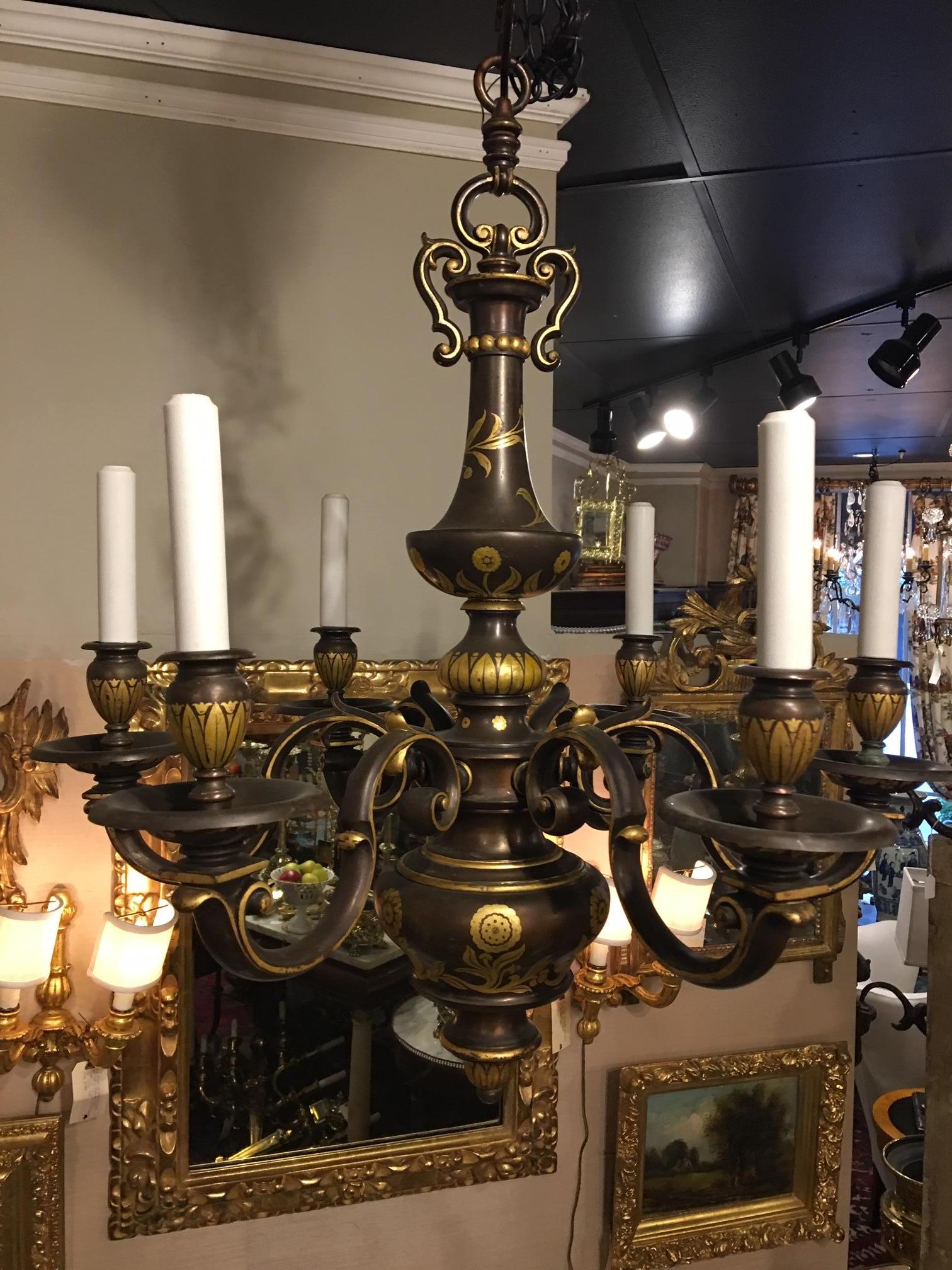 American E F Caldwell Six-Light Flemish Style Bronze Gilded Chandelier, circa 1920s