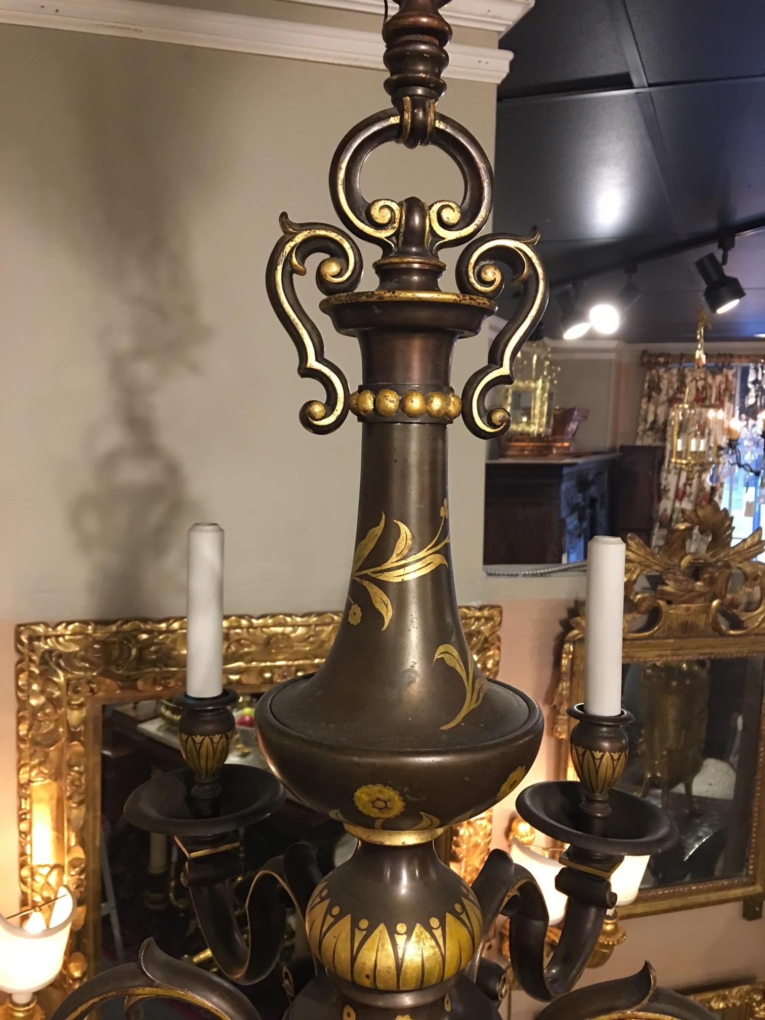 Gilt E F Caldwell Six-Light Flemish Style Bronze Gilded Chandelier, circa 1920s