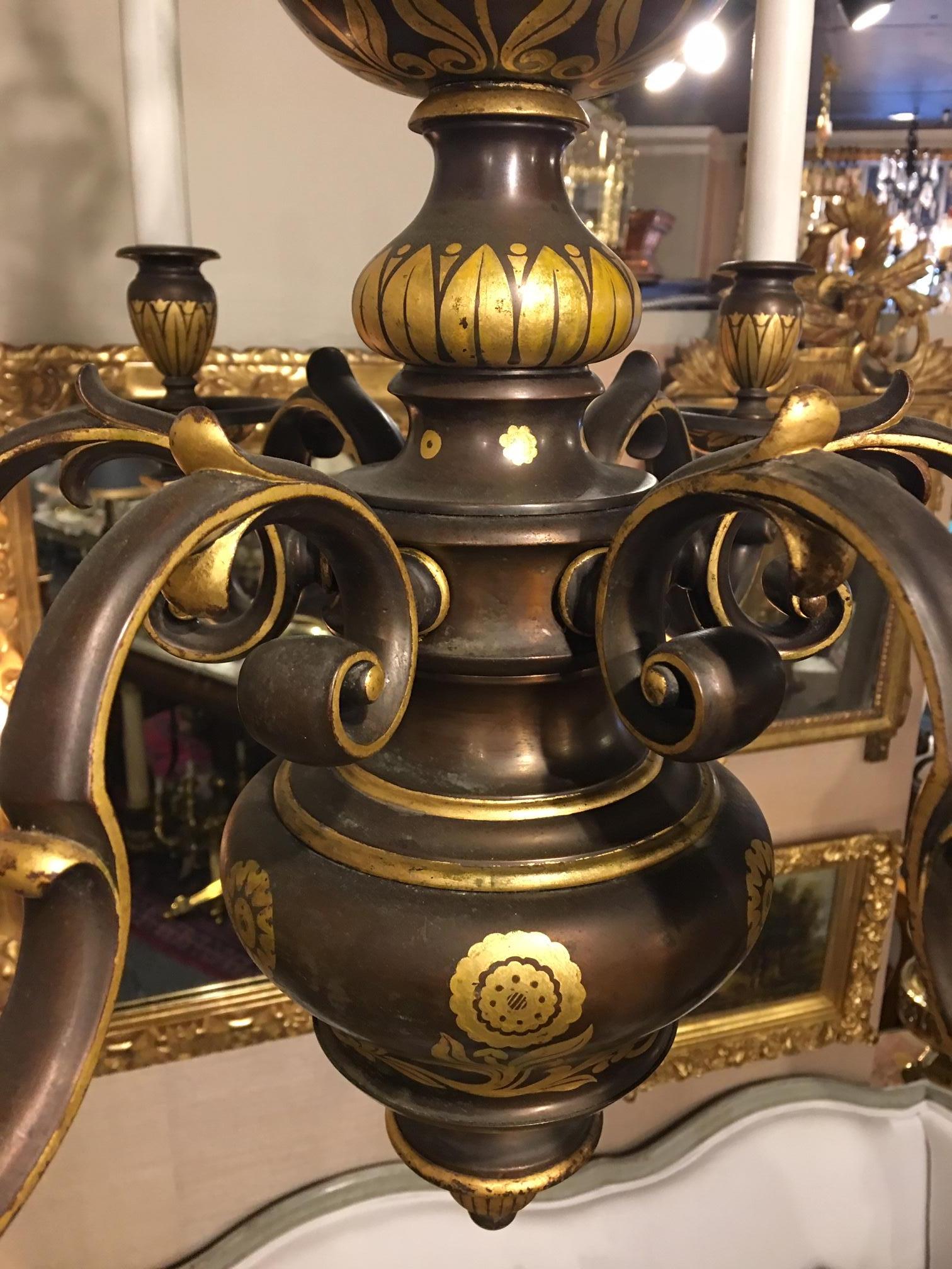 E F Caldwell Six-Light Flemish Style Bronze Gilded Chandelier, circa 1920s In Good Condition In Savannah, GA
