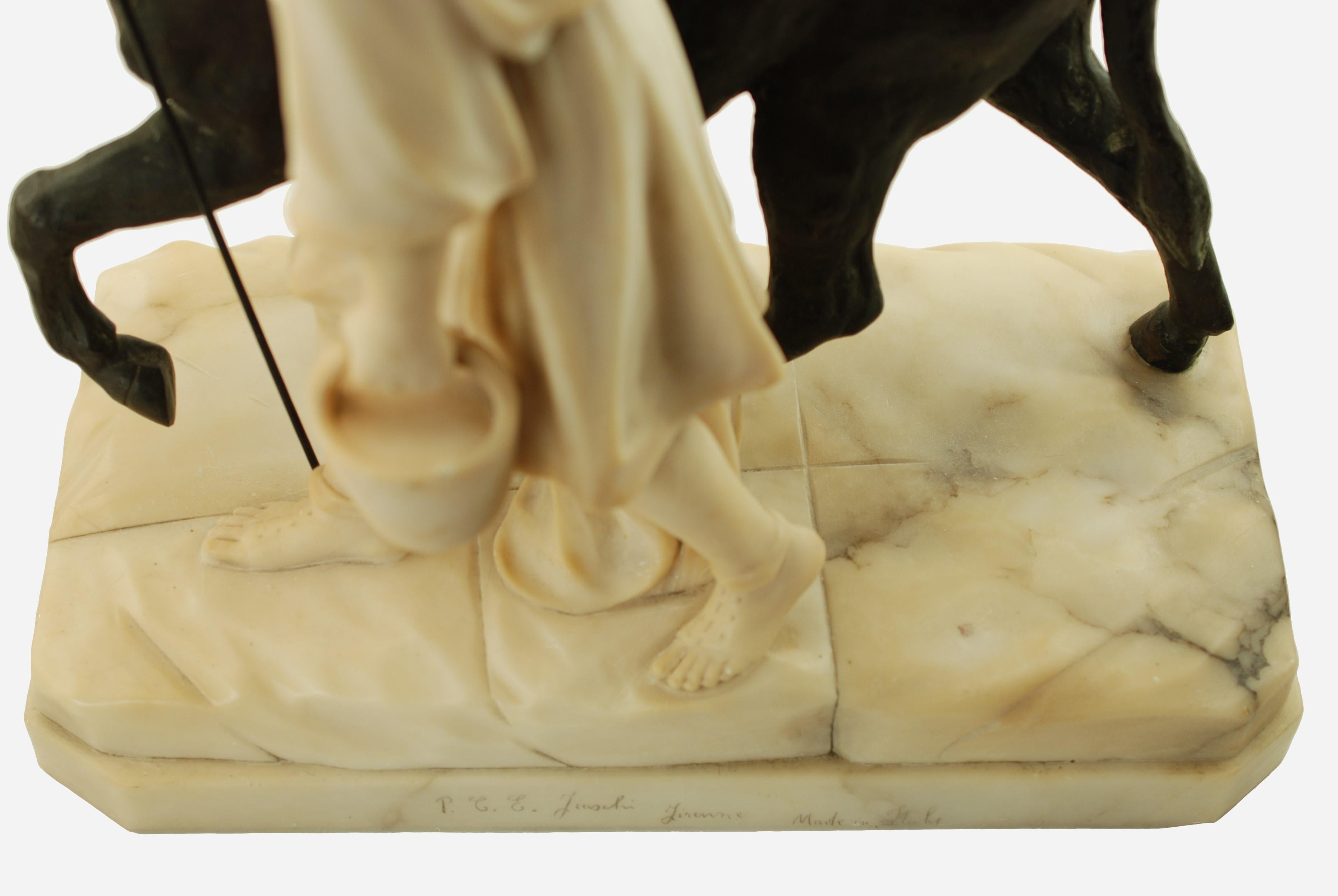 E. Fiaschi Flight into Egypt Alabaster, Bronze & Marble Holy Family Sculpture For Sale 7