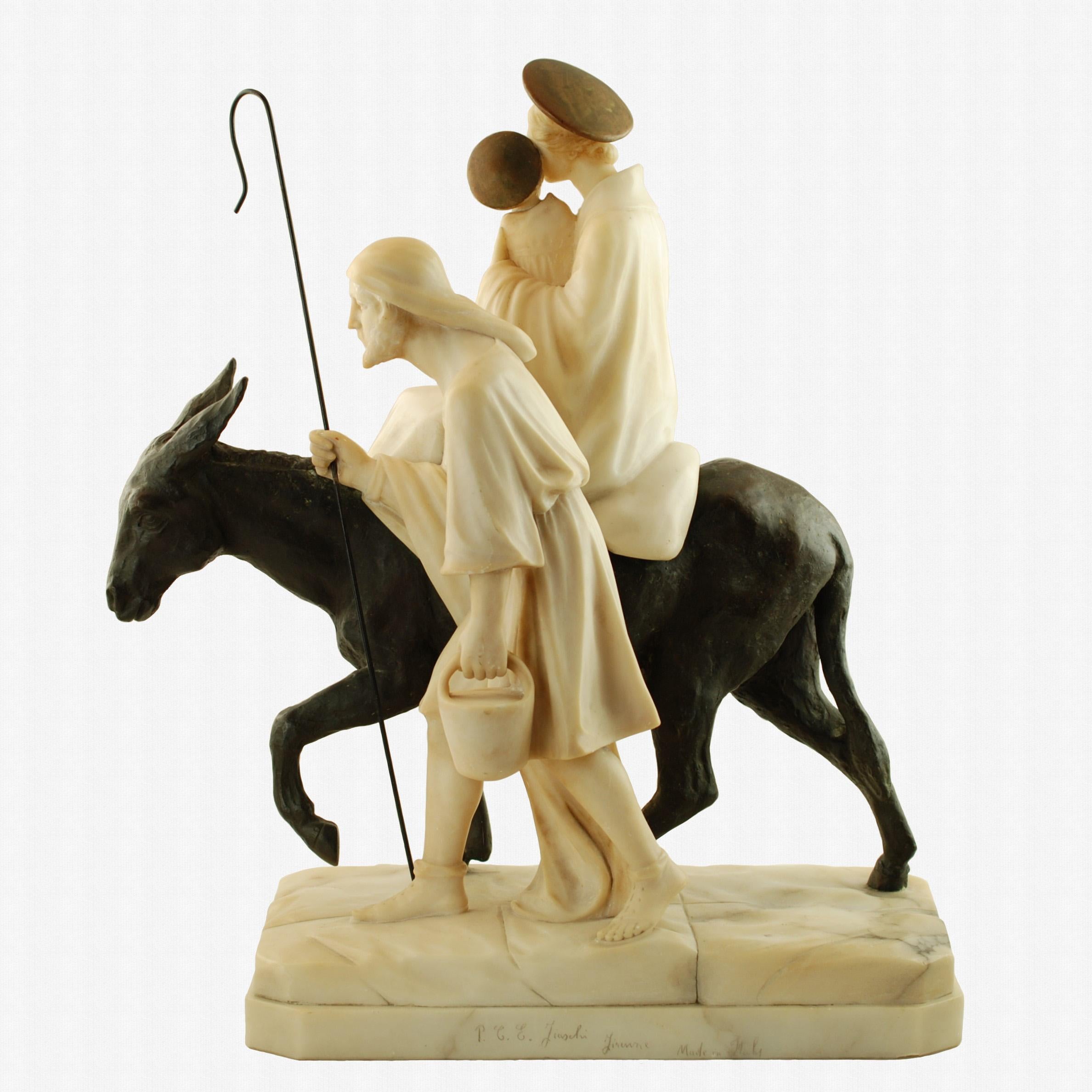 Renaissance Revival E. Fiaschi Flight into Egypt Alabaster, Bronze & Marble Holy Family Sculpture For Sale