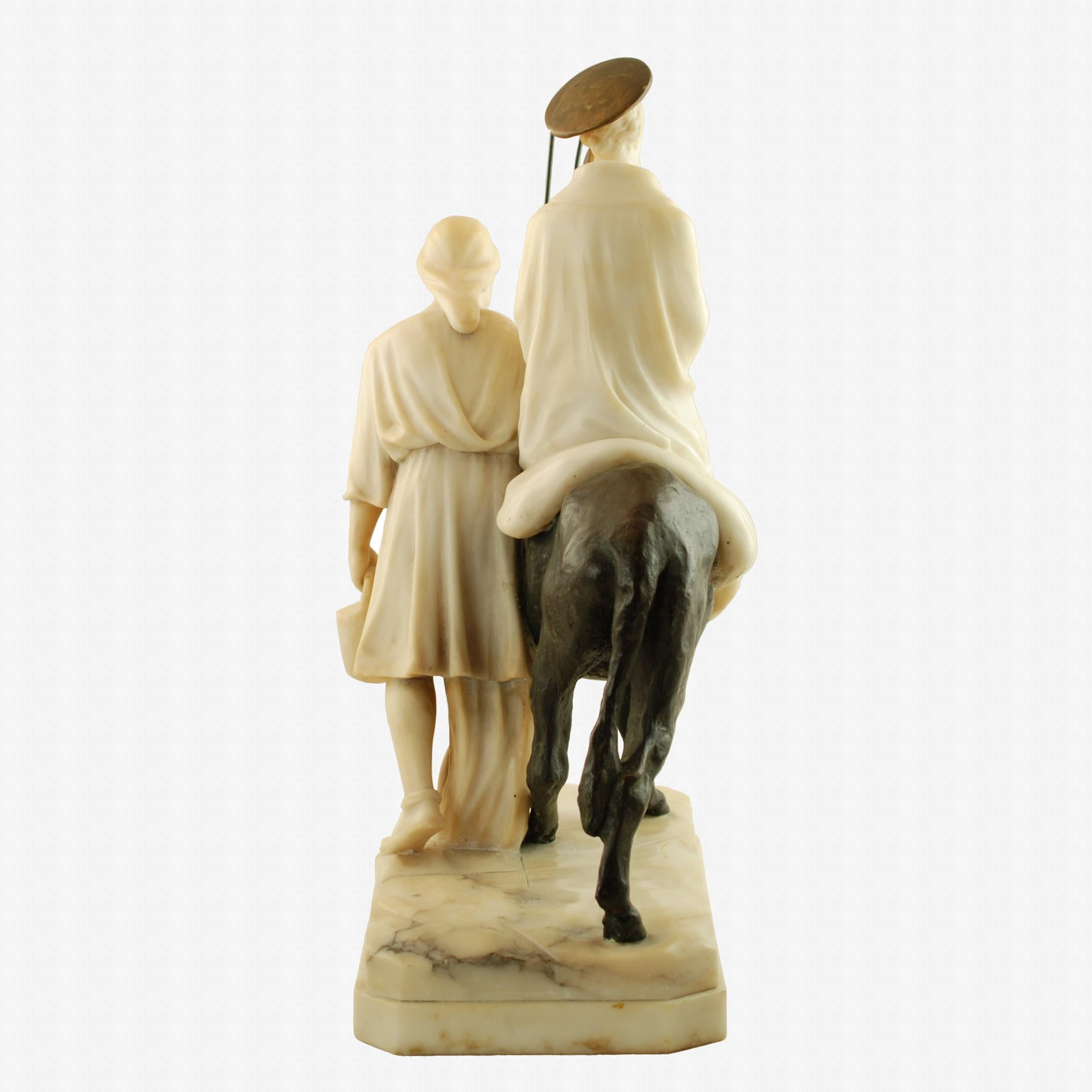 Italian E. Fiaschi Flight into Egypt Alabaster, Bronze & Marble Holy Family Sculpture For Sale
