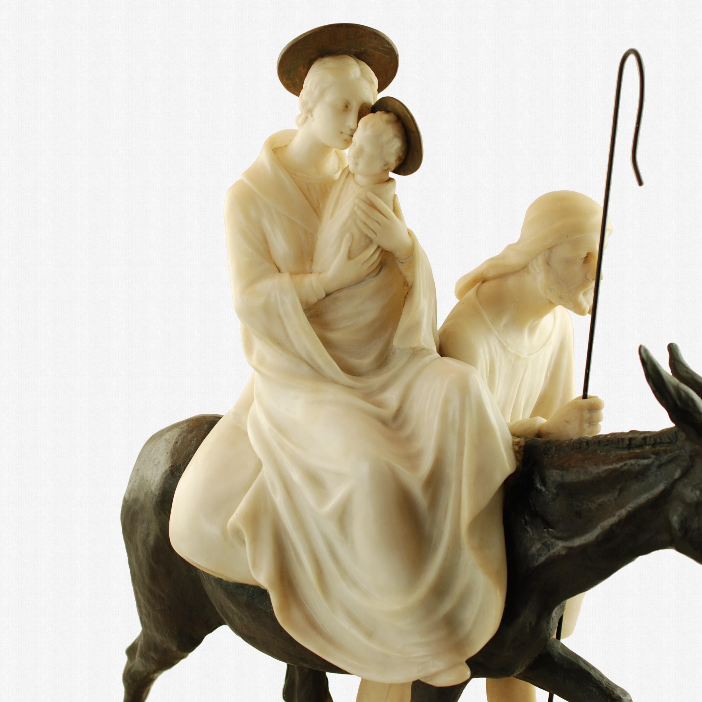 Carved E. Fiaschi Flight into Egypt Alabaster, Bronze & Marble Holy Family Sculpture For Sale